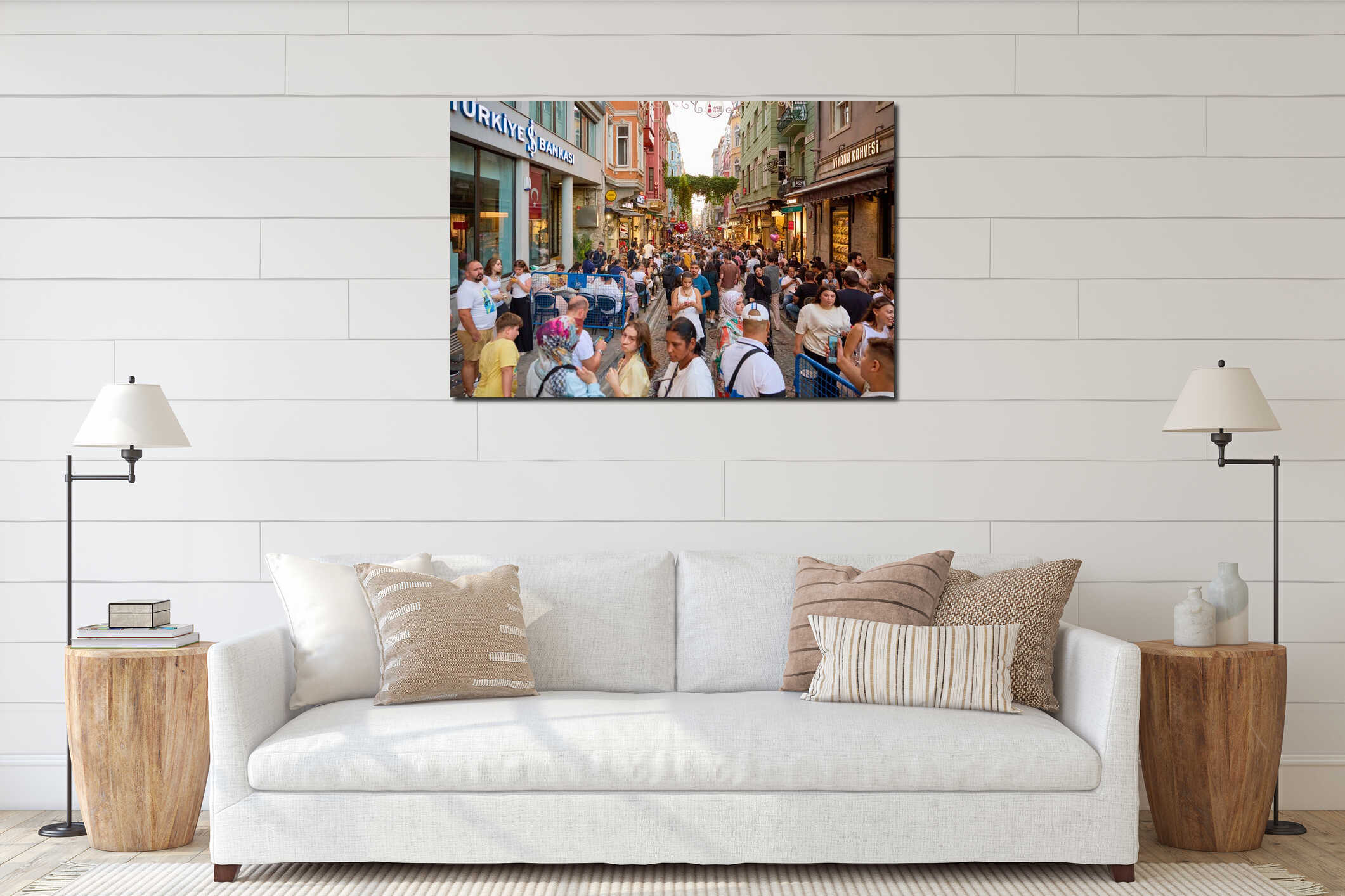Bustling street scene with diverse crowds in urban shopping district. August 10, 2025, Istanbul Turkey interior mockup