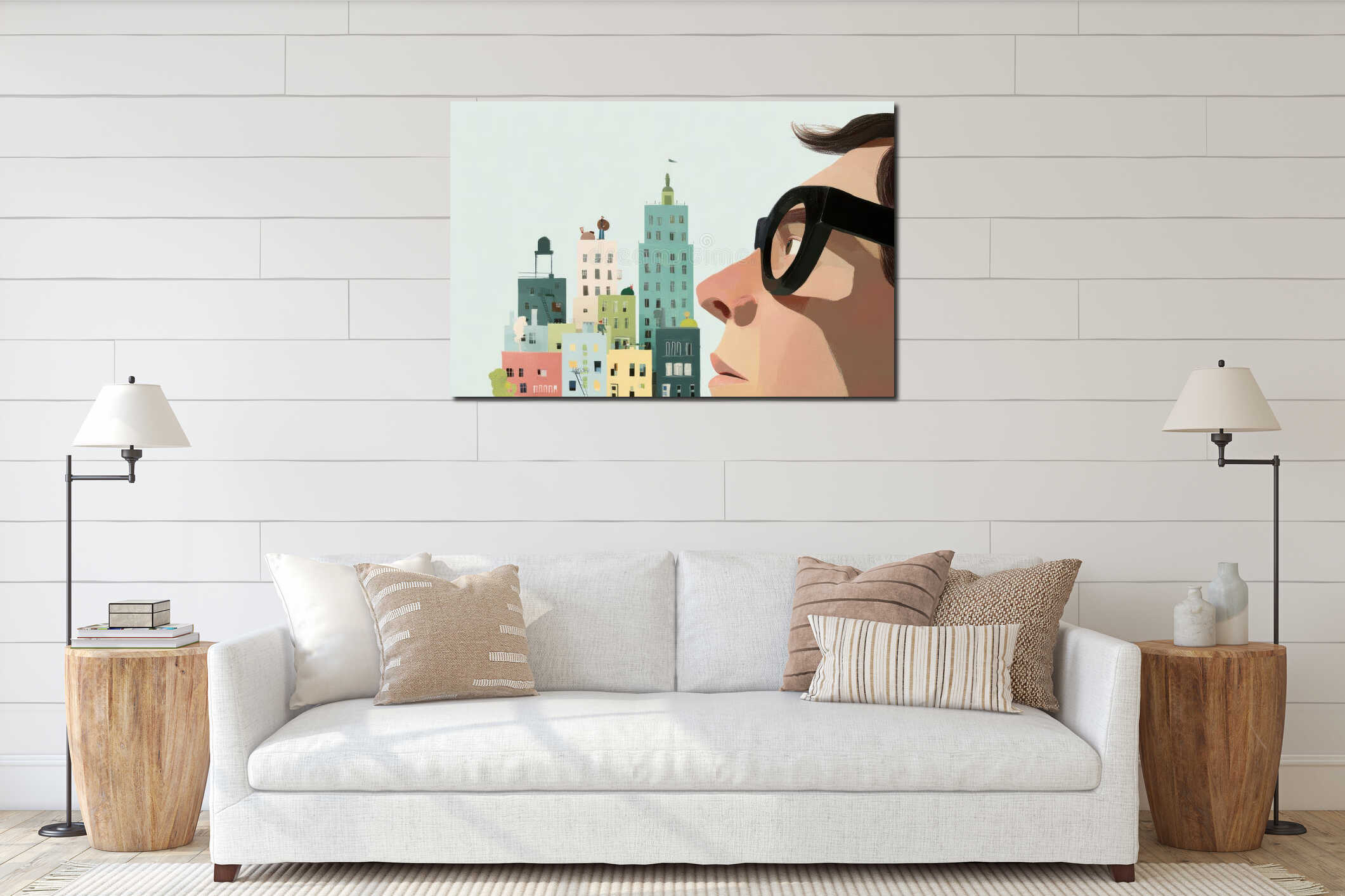 Conceptual illustration of person shrinking amidst towering city buildings interior mockup