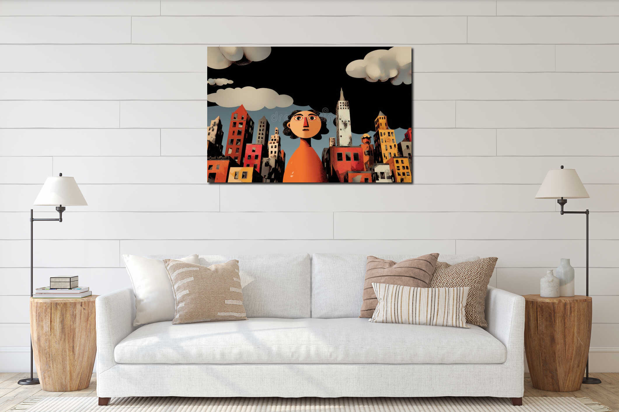 Conceptual illustration of person shrinking amidst towering city buildings interior mockup