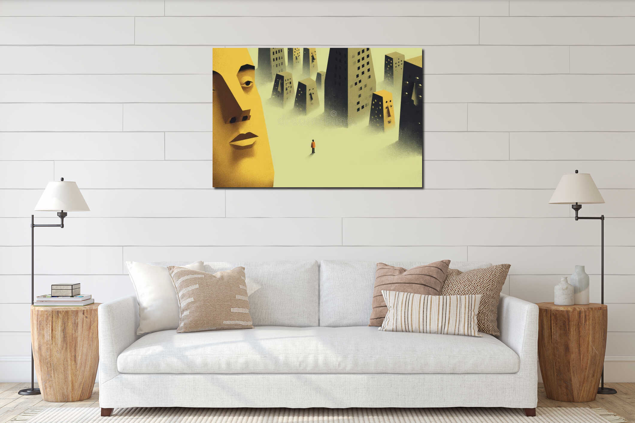 Conceptual illustration of person shrinking among towering city buildings interior mockup