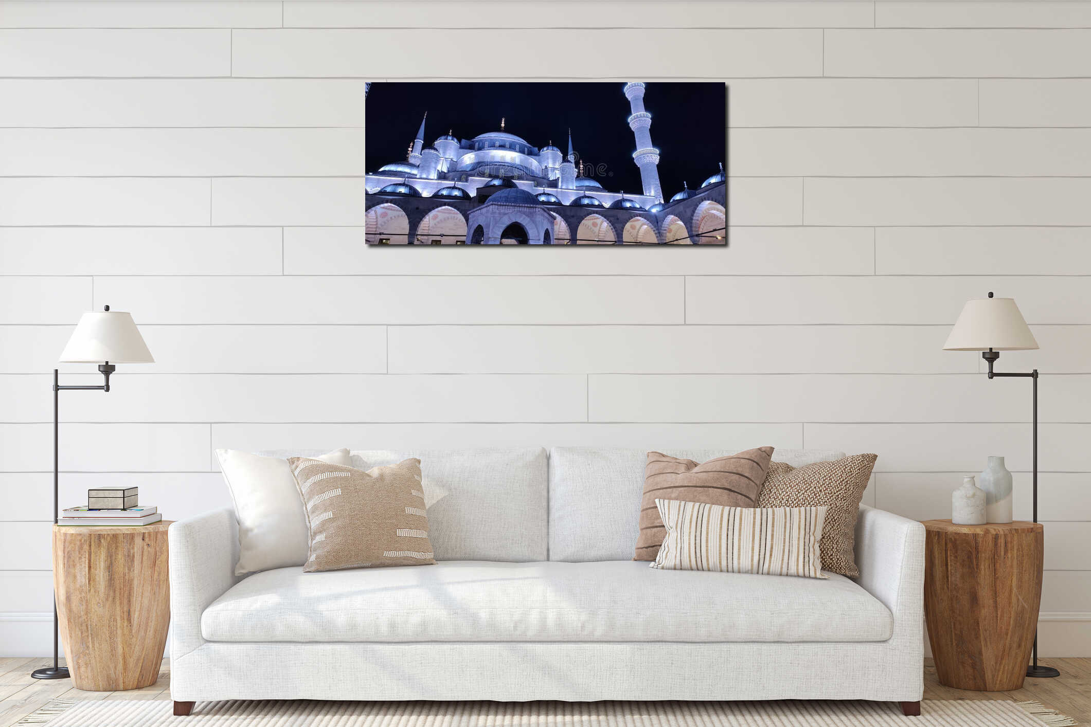 The Blue Mosque at night light, beautiful landmark in city of Istanbul at Turkey interior mockup