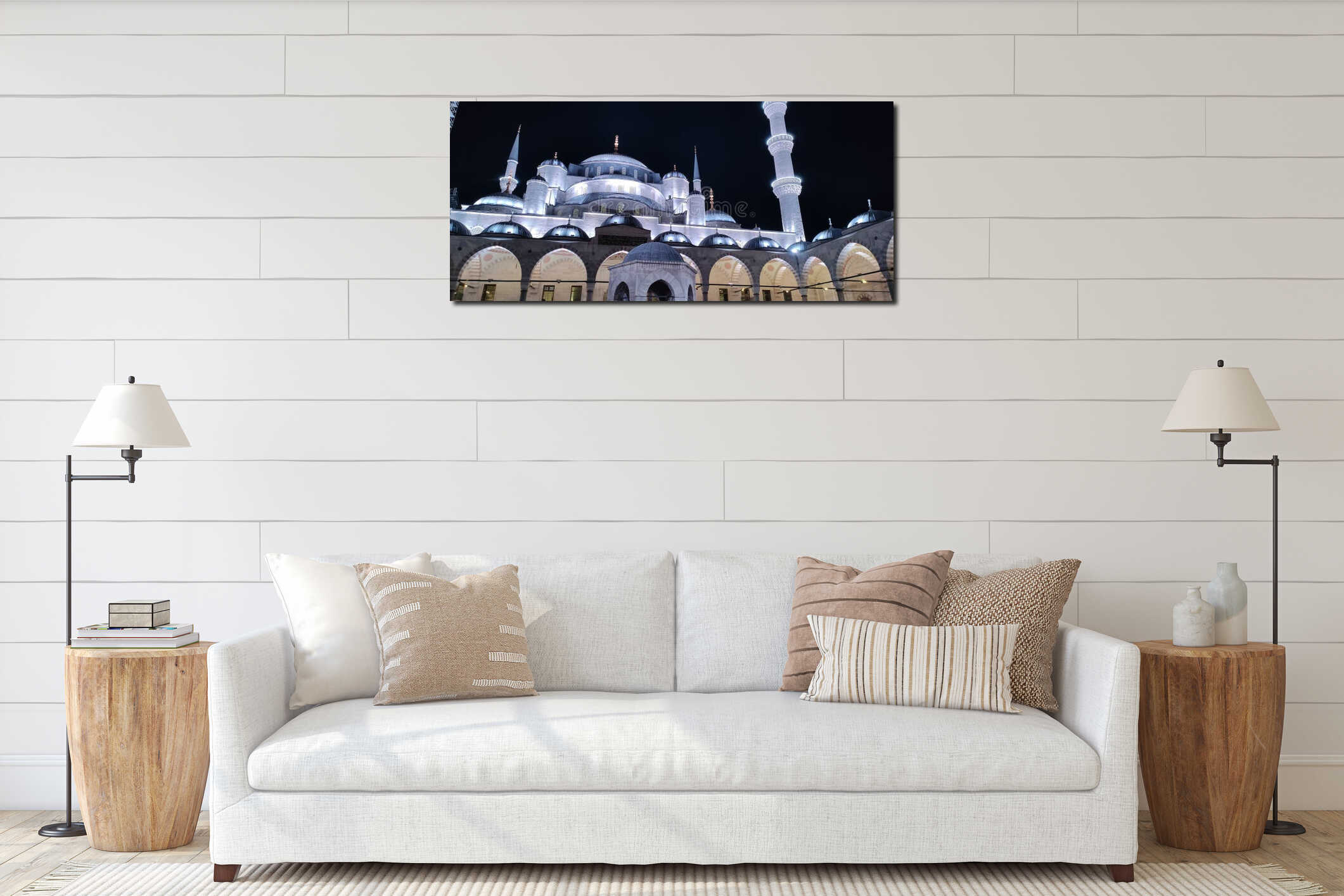 The Blue Mosque at night light, beautiful landmark in city of Istanbul at Turkey interior mockup