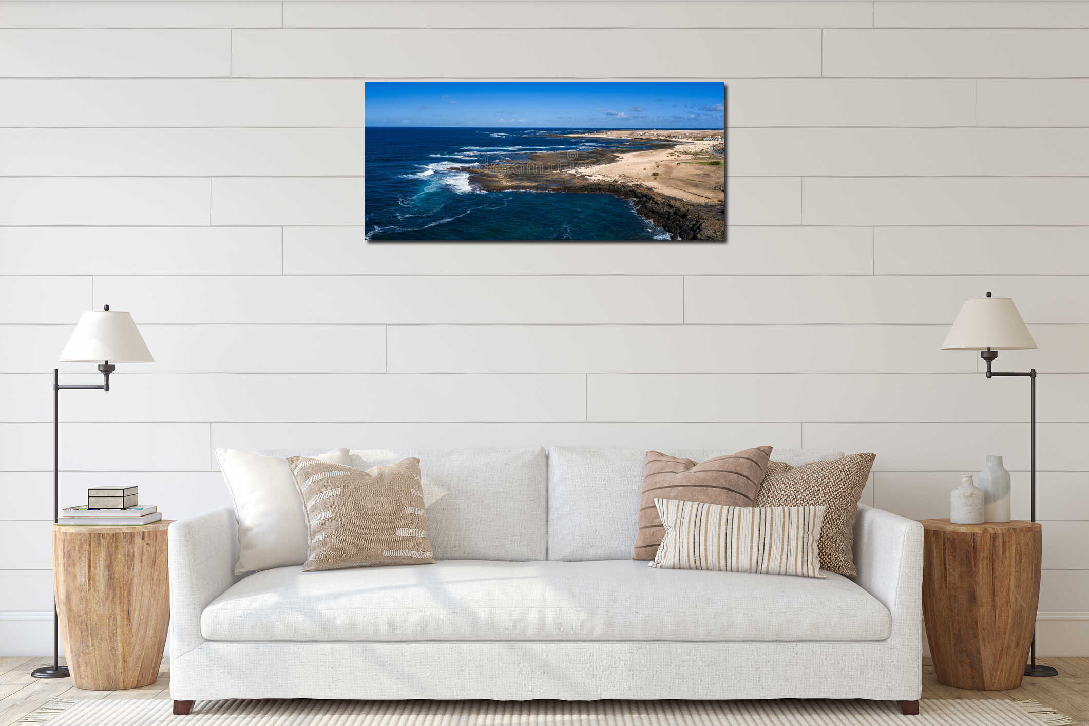 Aerial view of Fuerteventura north shore with lighthouse and reefs interior mockup