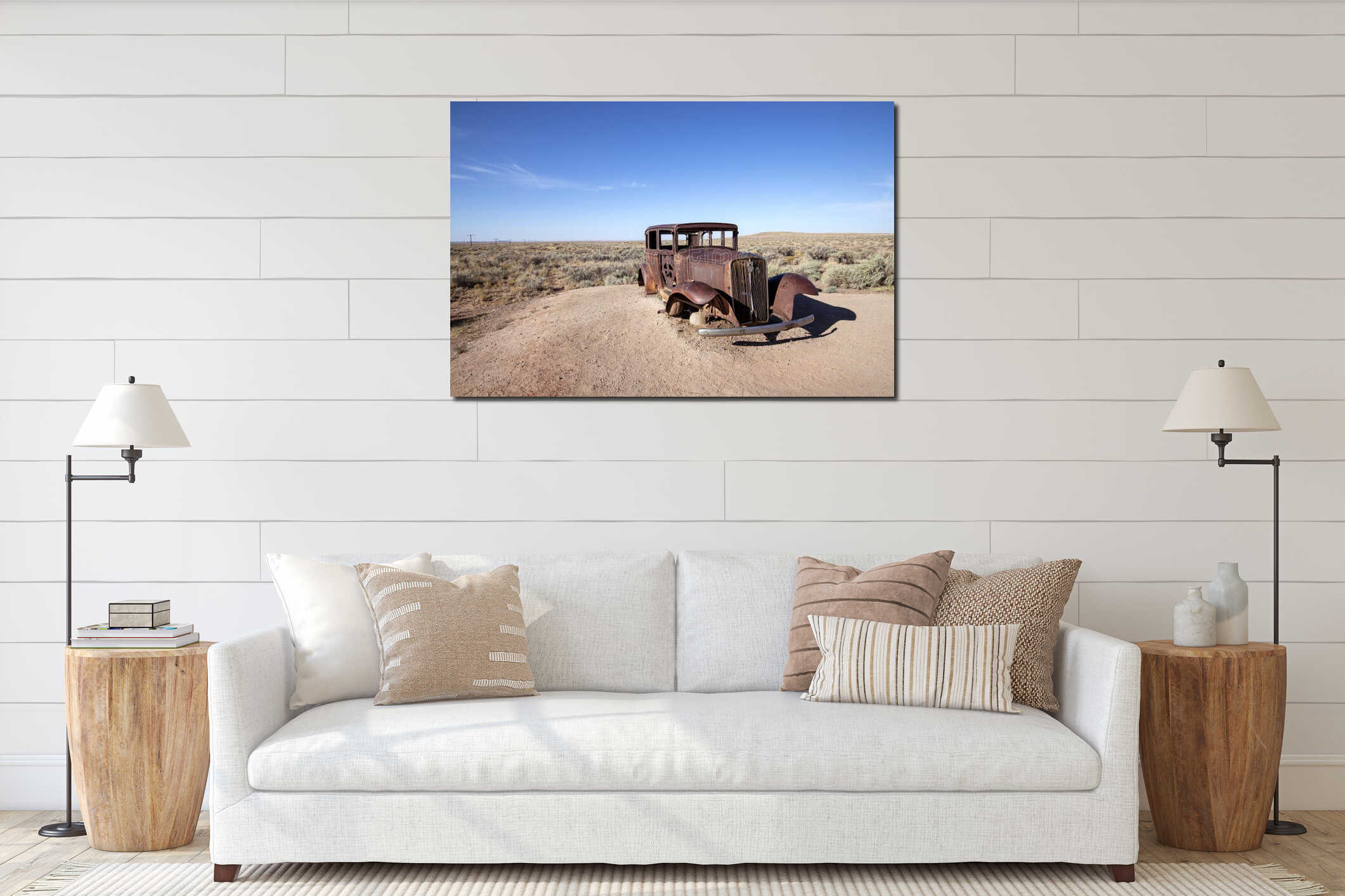 Rusty Vintage Car Remains in Petrified Forest National Park interior mockup
