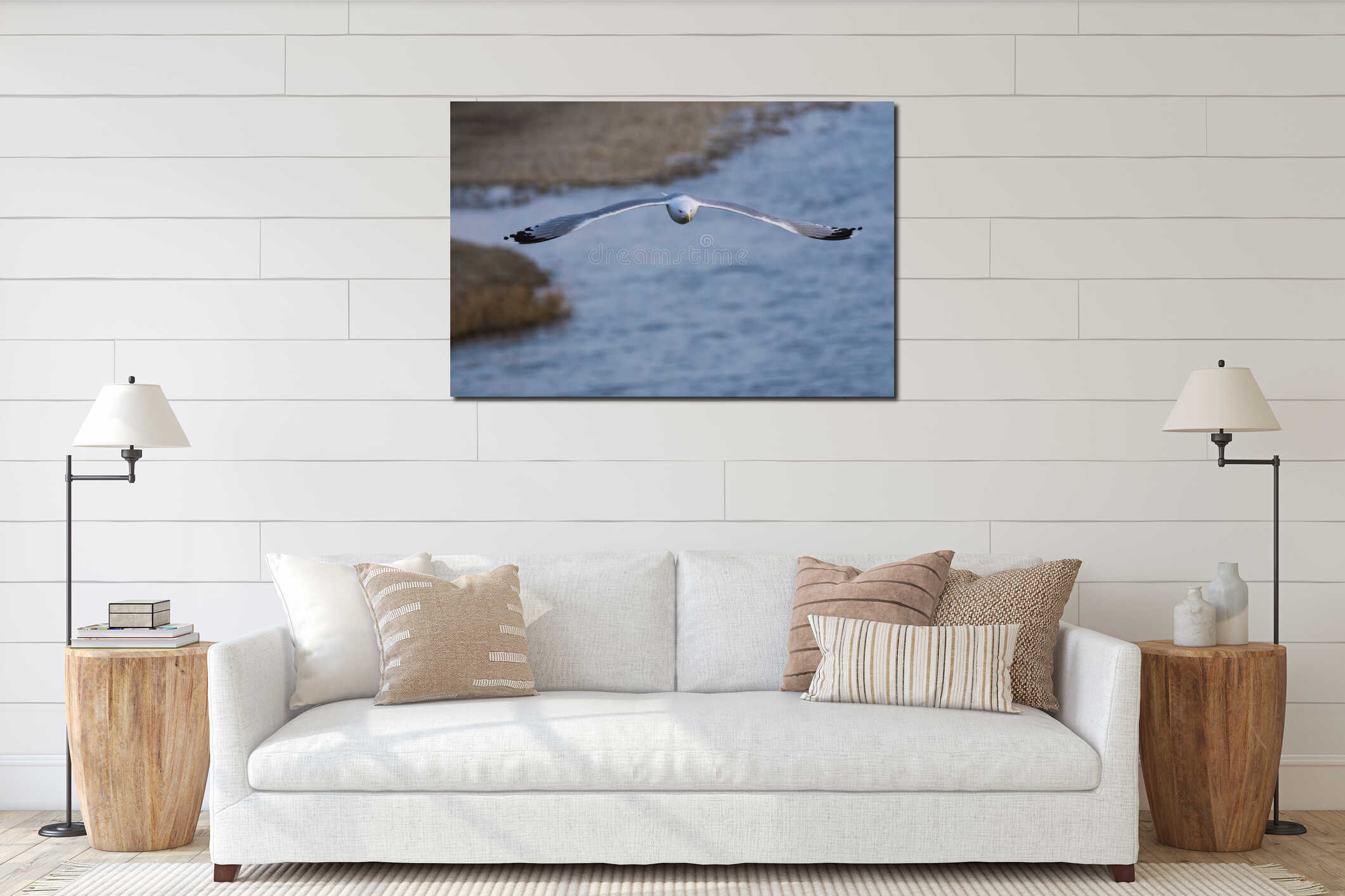 White Seagull Flying above the River in Winter interior mockup