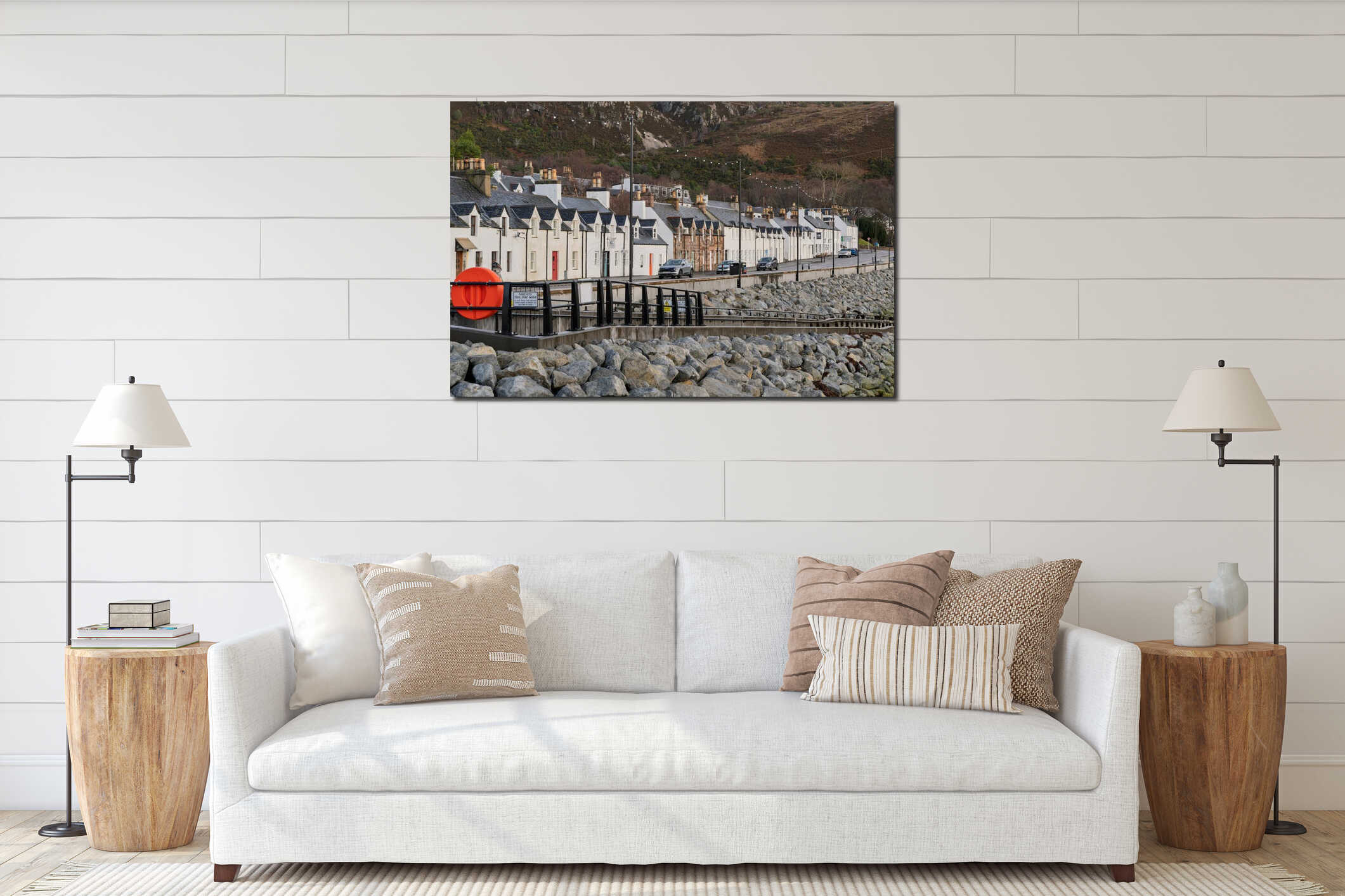 Shore Street in Ullapool showing the ramp to the harbour area with boats and houses along the West Coast of Scotland interior mockup