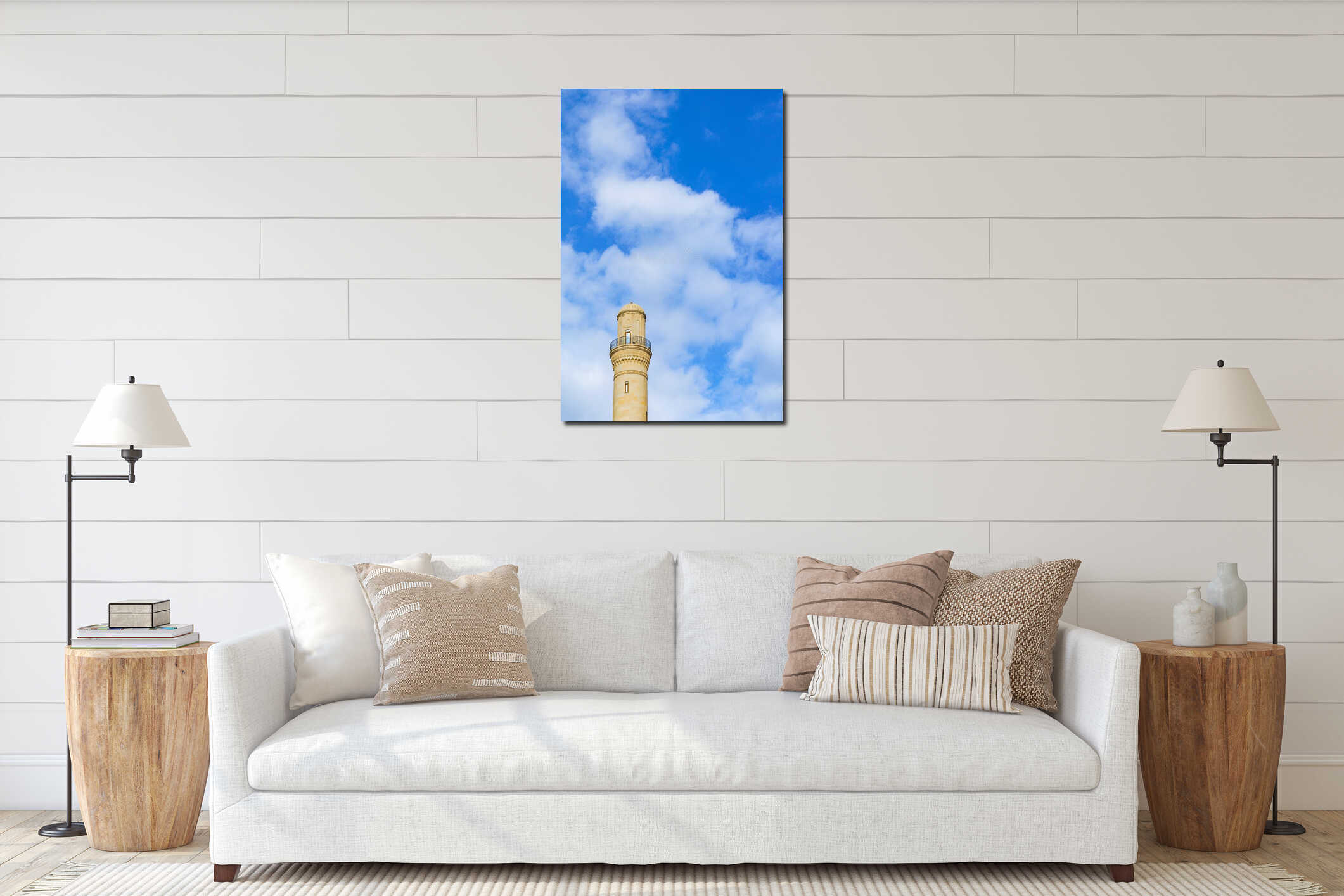 Mosque minaret close up against blue sky. The top of Islamic mosque minaret interior mockup
