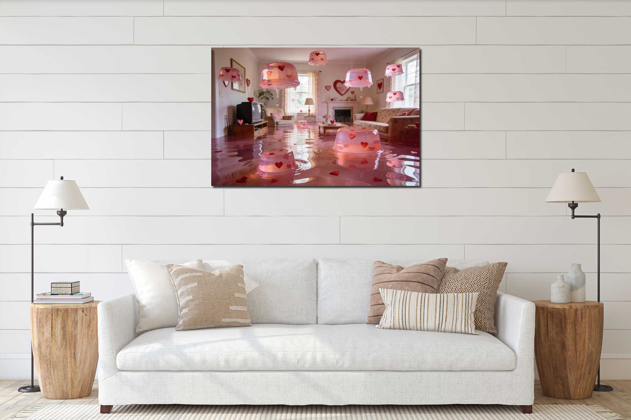Surreal romantic living room flooded with glossy pink jelly, floating heart shaped candies interior mockup
