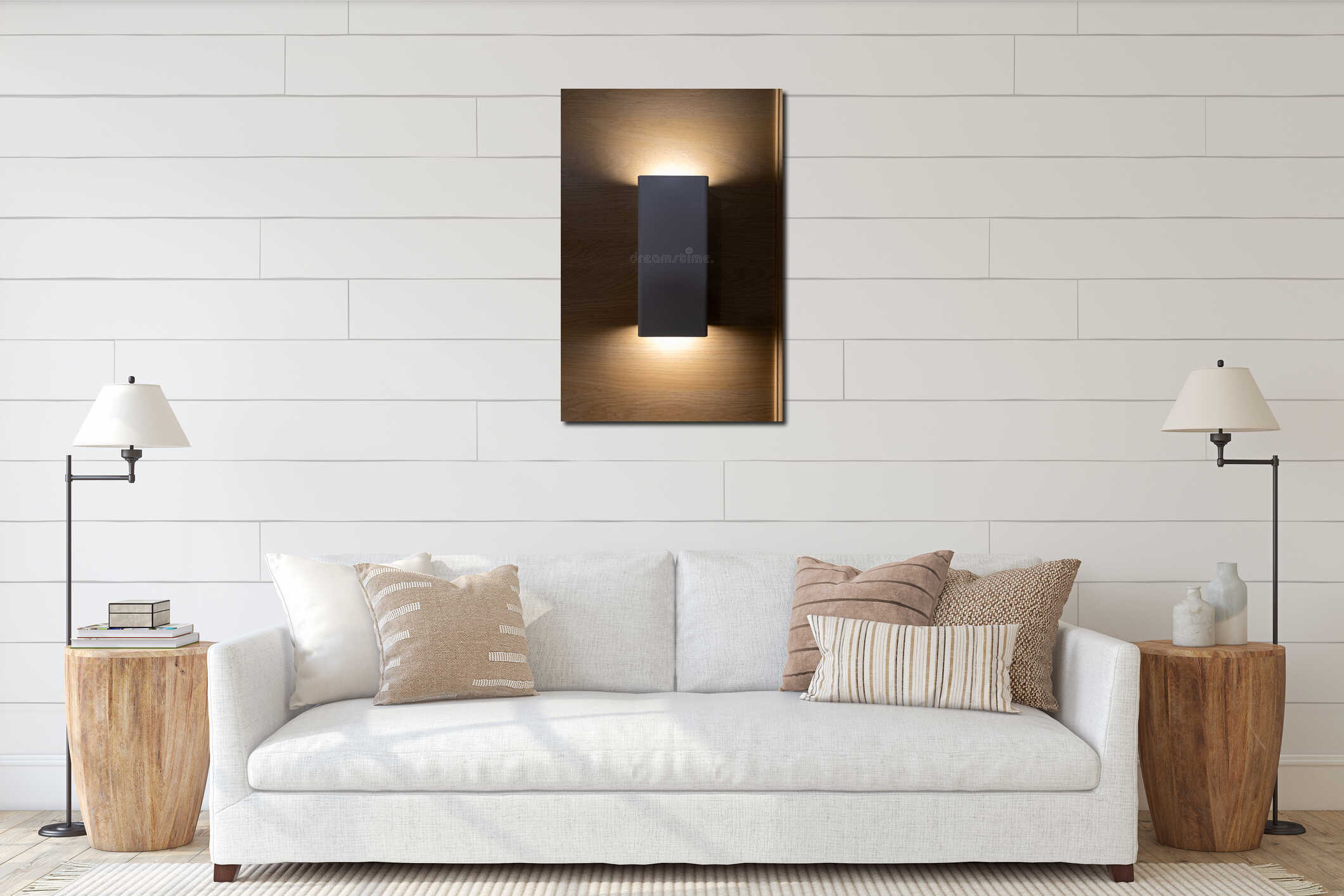 Dark Grey Rectangular Wall Lamp on Wooden Wall interior mockup