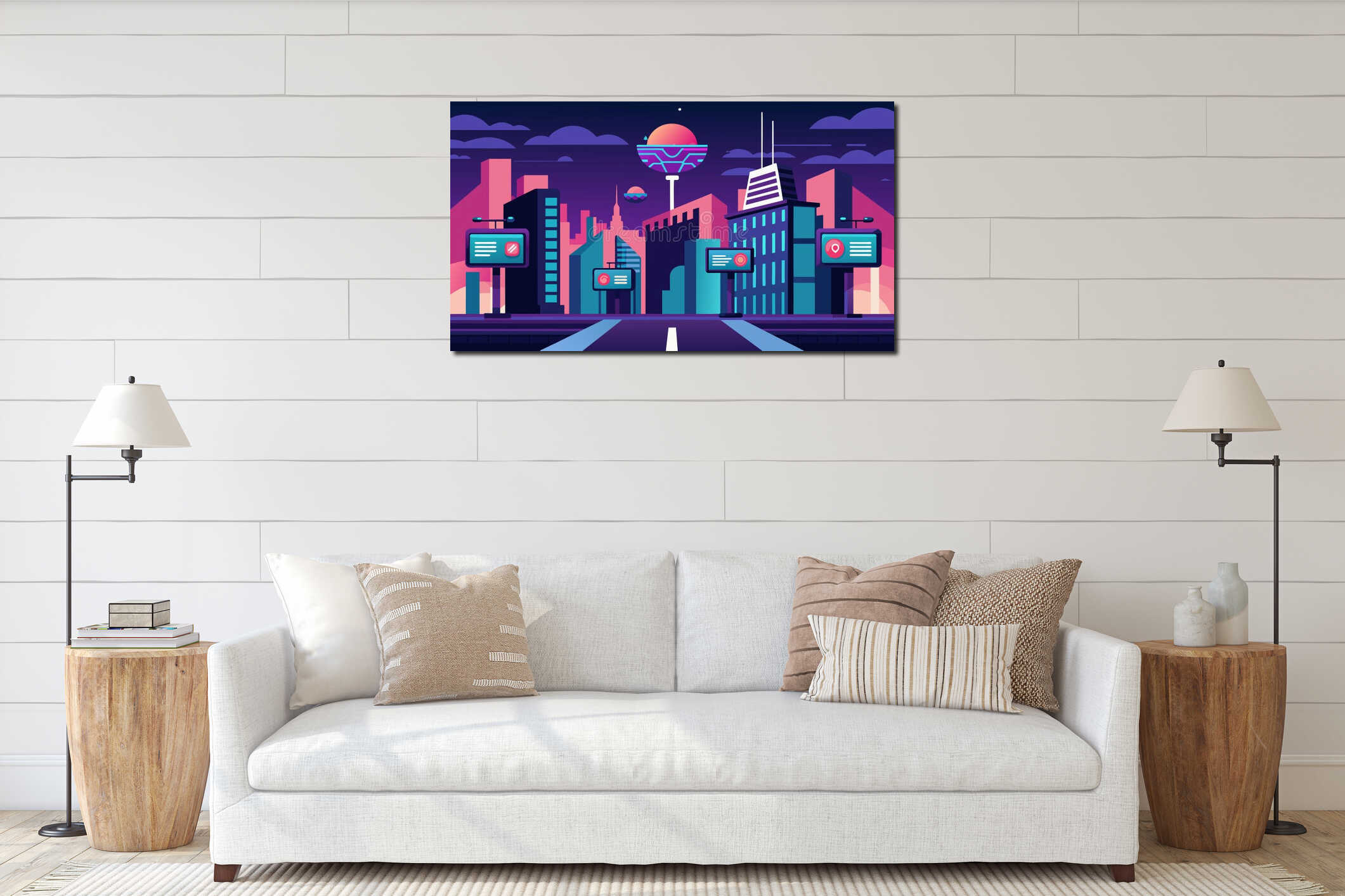 A futuristic cityscape featuring billboards advertising the latest neural enhancement technologies available for interior mockup