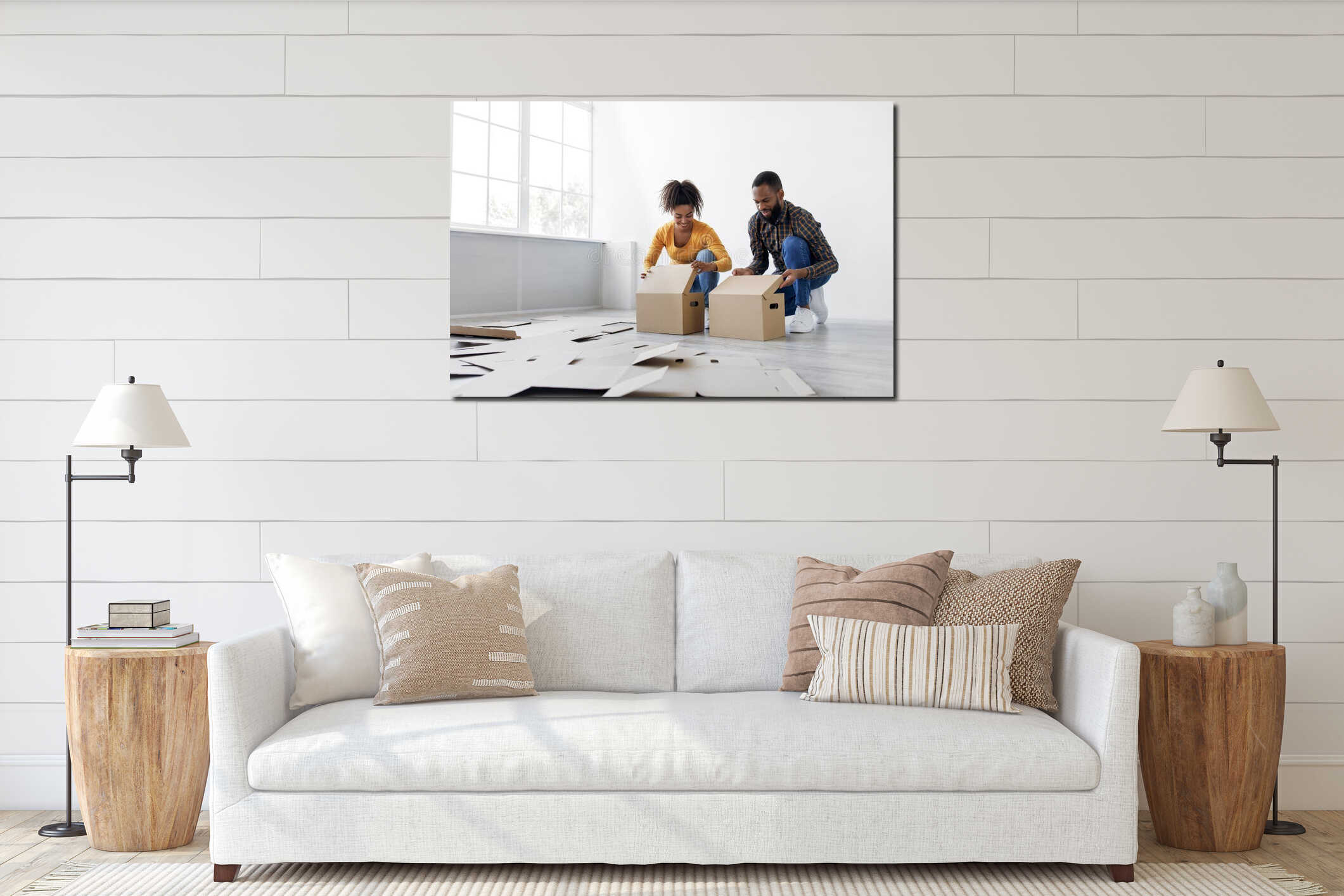 Smiling young african american family preparing for move, stack cardboard boxes for things in living room interior interior mockup