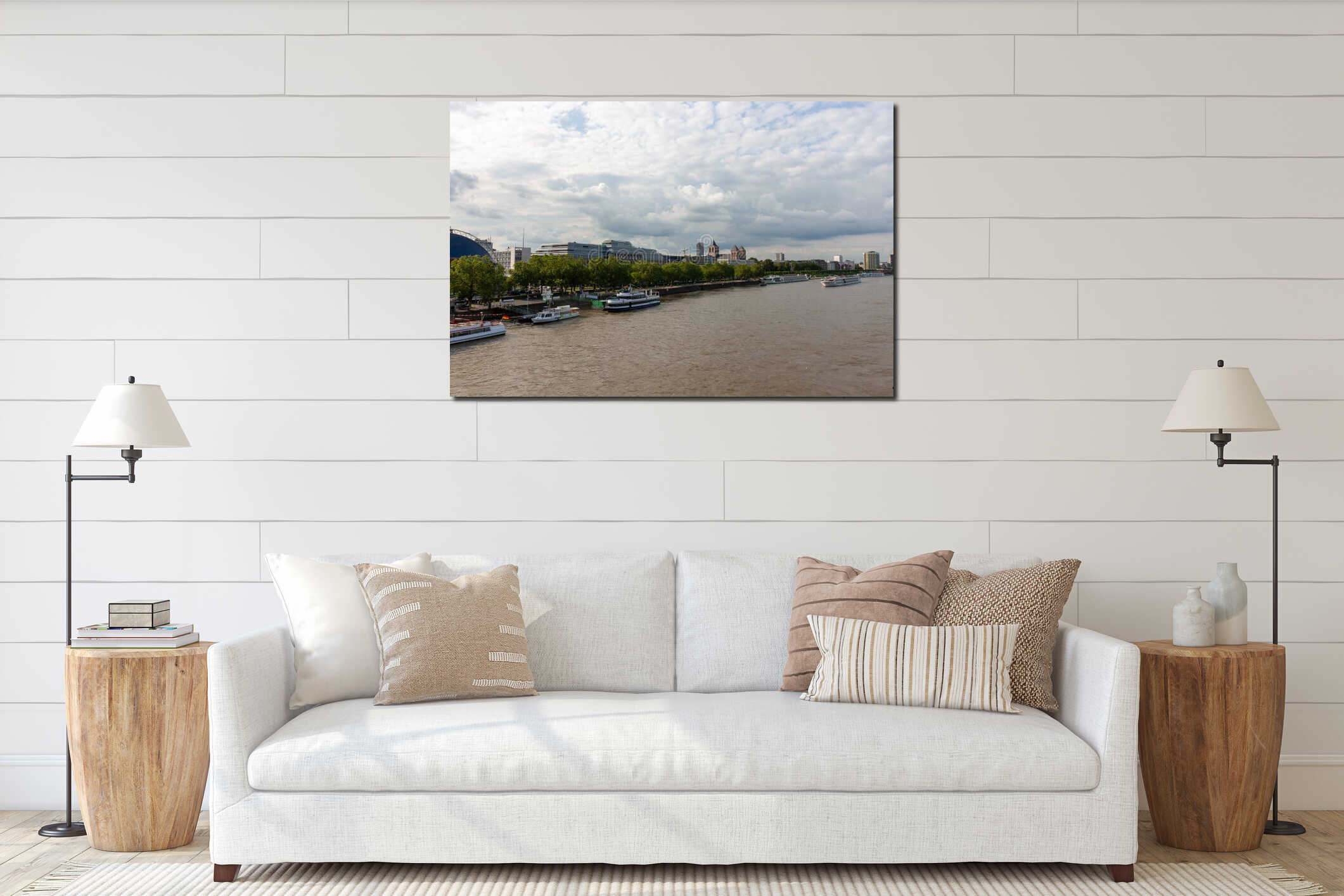 Wide panoramic view of the Rhine river in Cologne, Germany, featuring numerous cruise ships and passenger ferries along the interior mockup