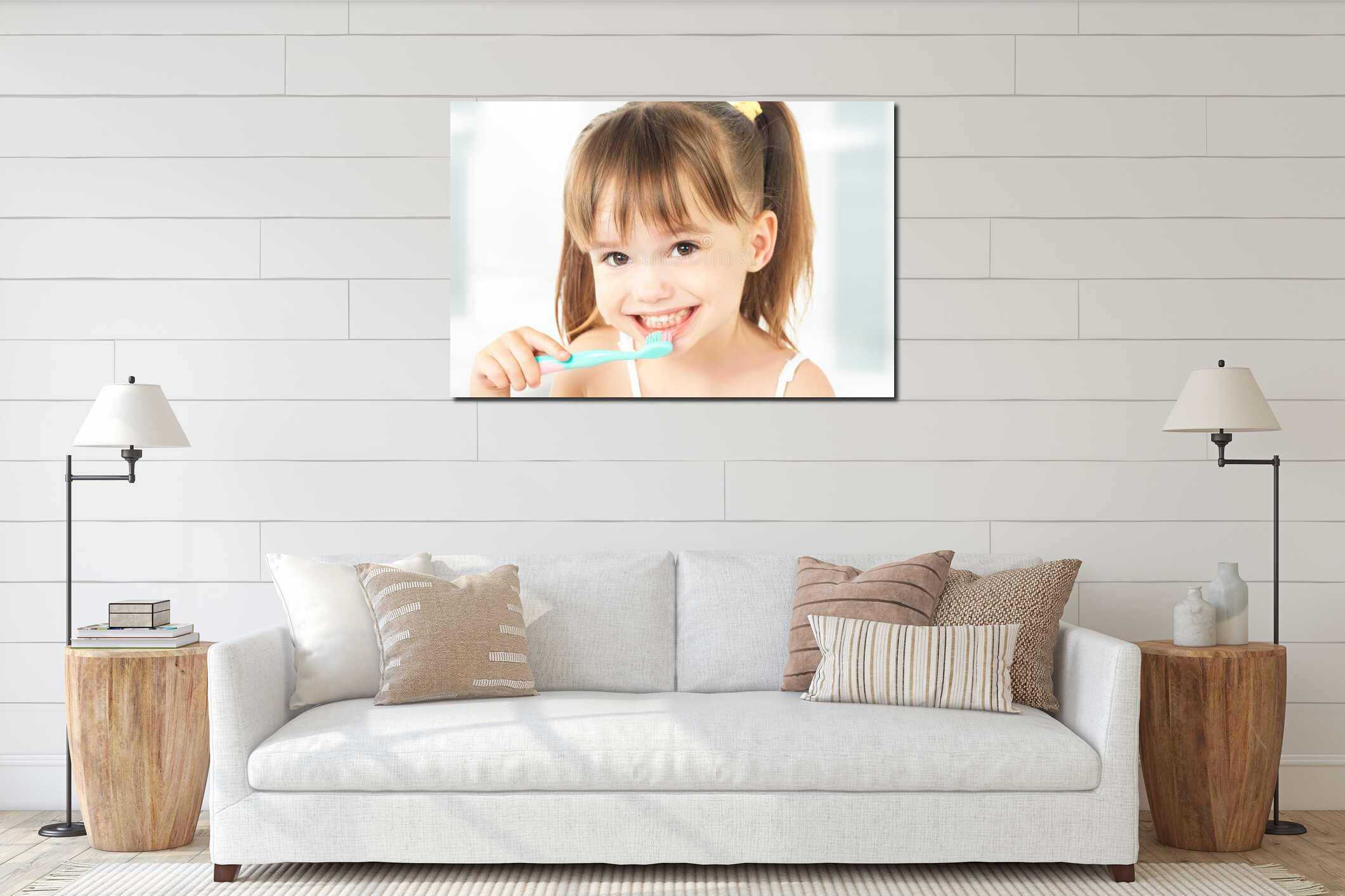 Happy little girl brushing her teeth interior mockup
