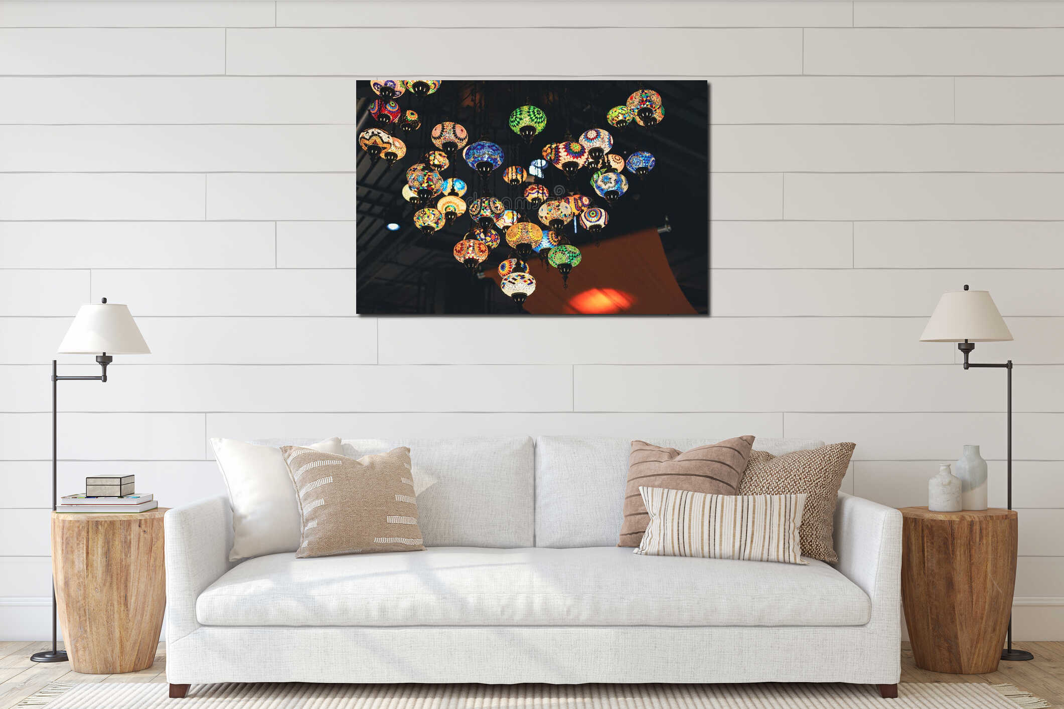 A group of colorful decorative lanterns illuminate the night. interior mockup