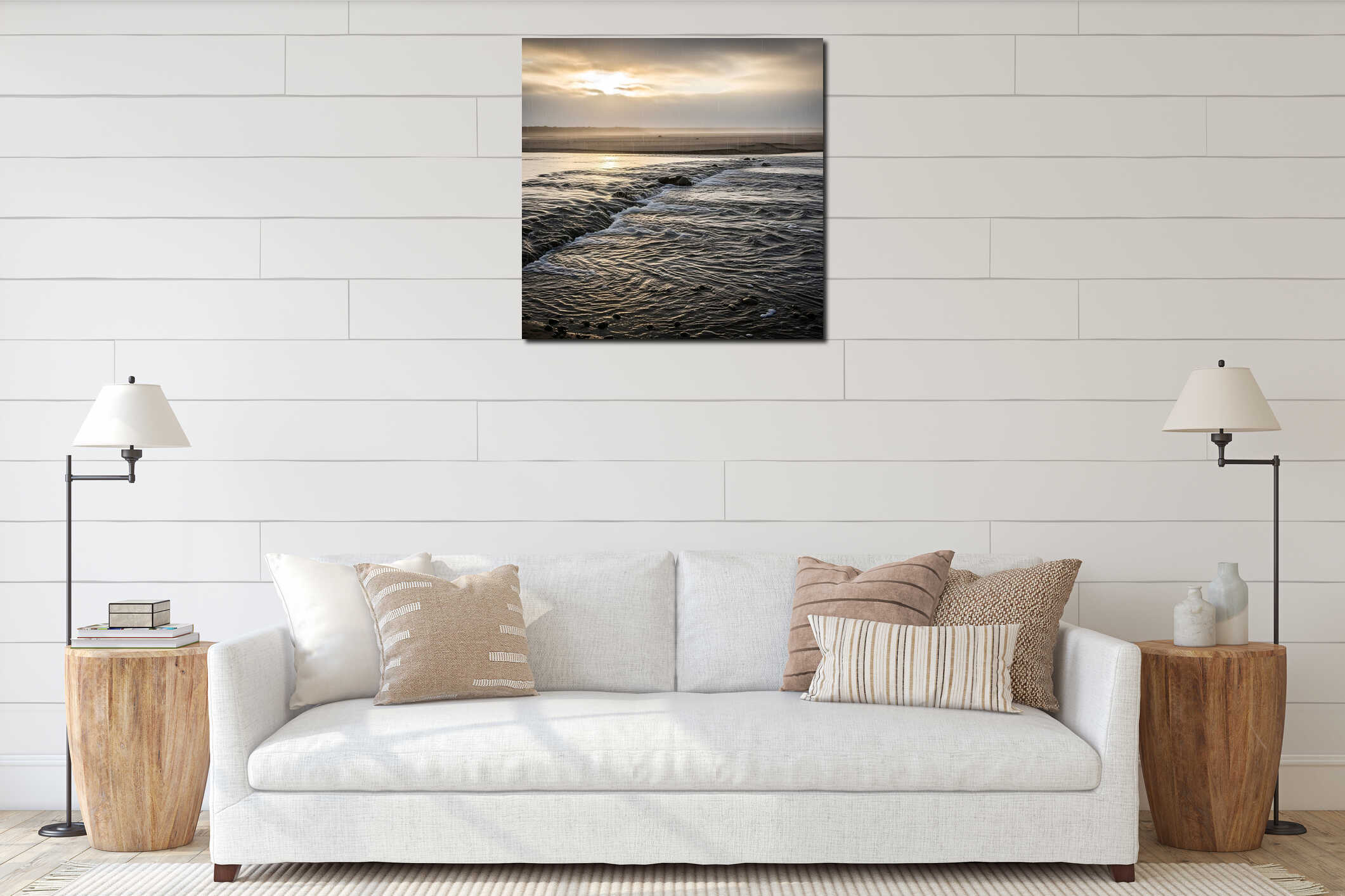 Turbulent dark water flows over submerged rocks under a dramatic, rainy, sunlit sky interior mockup