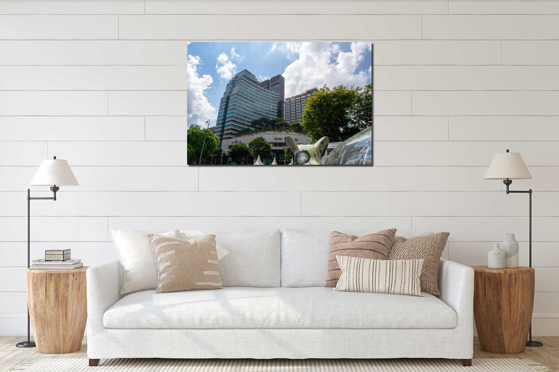 Modern urban landscape with skyscrapers and greenery interior mockup