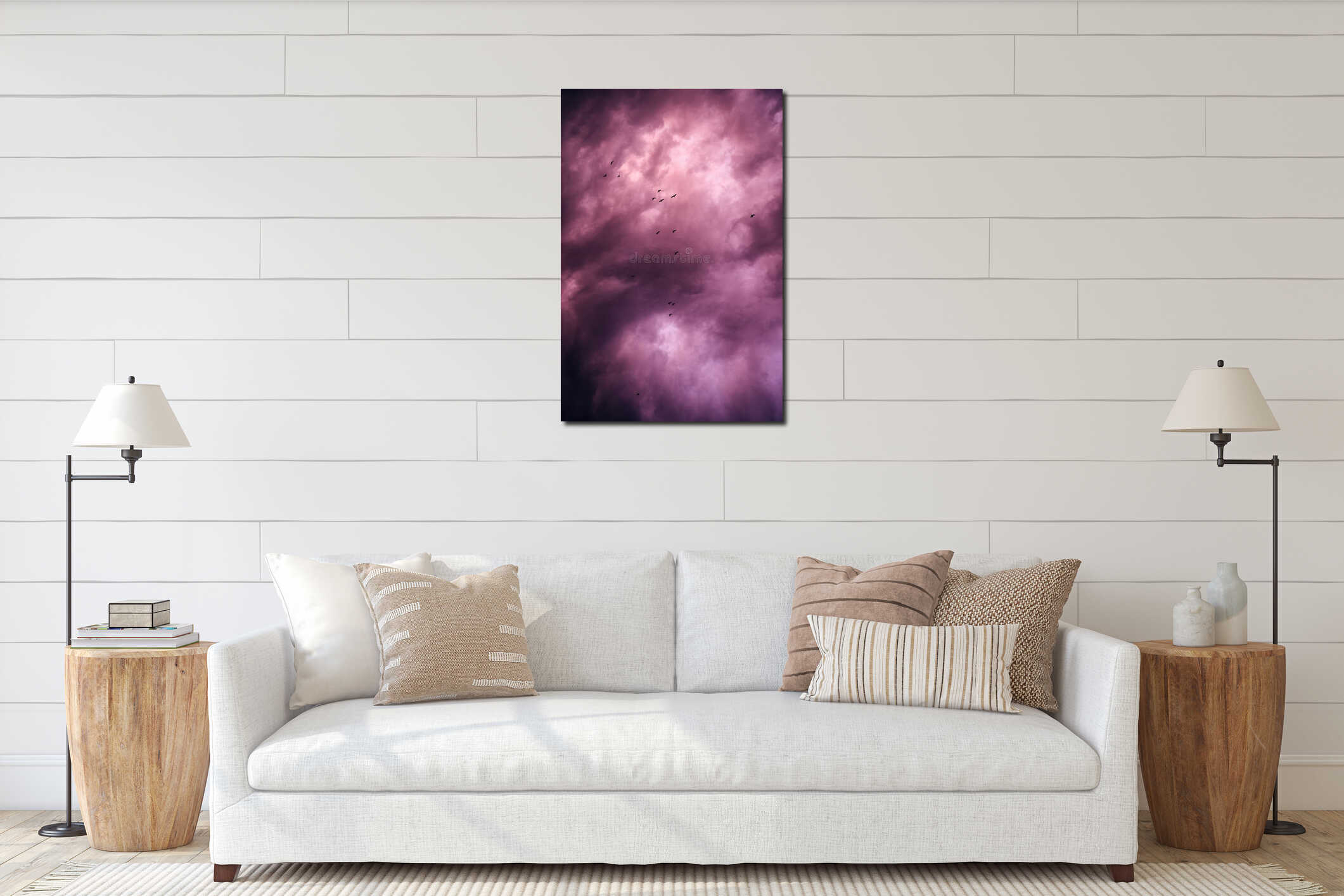 Flock of birds flying across dramatic purple sunset sky with heavy clouds, atmospheric nature background symbolizing freedom, interior mockup