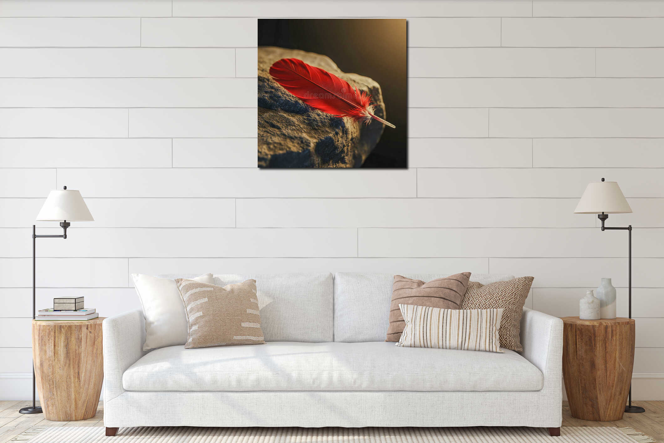 Crimson Grace, A Red Feather Resting on Stone interior mockup