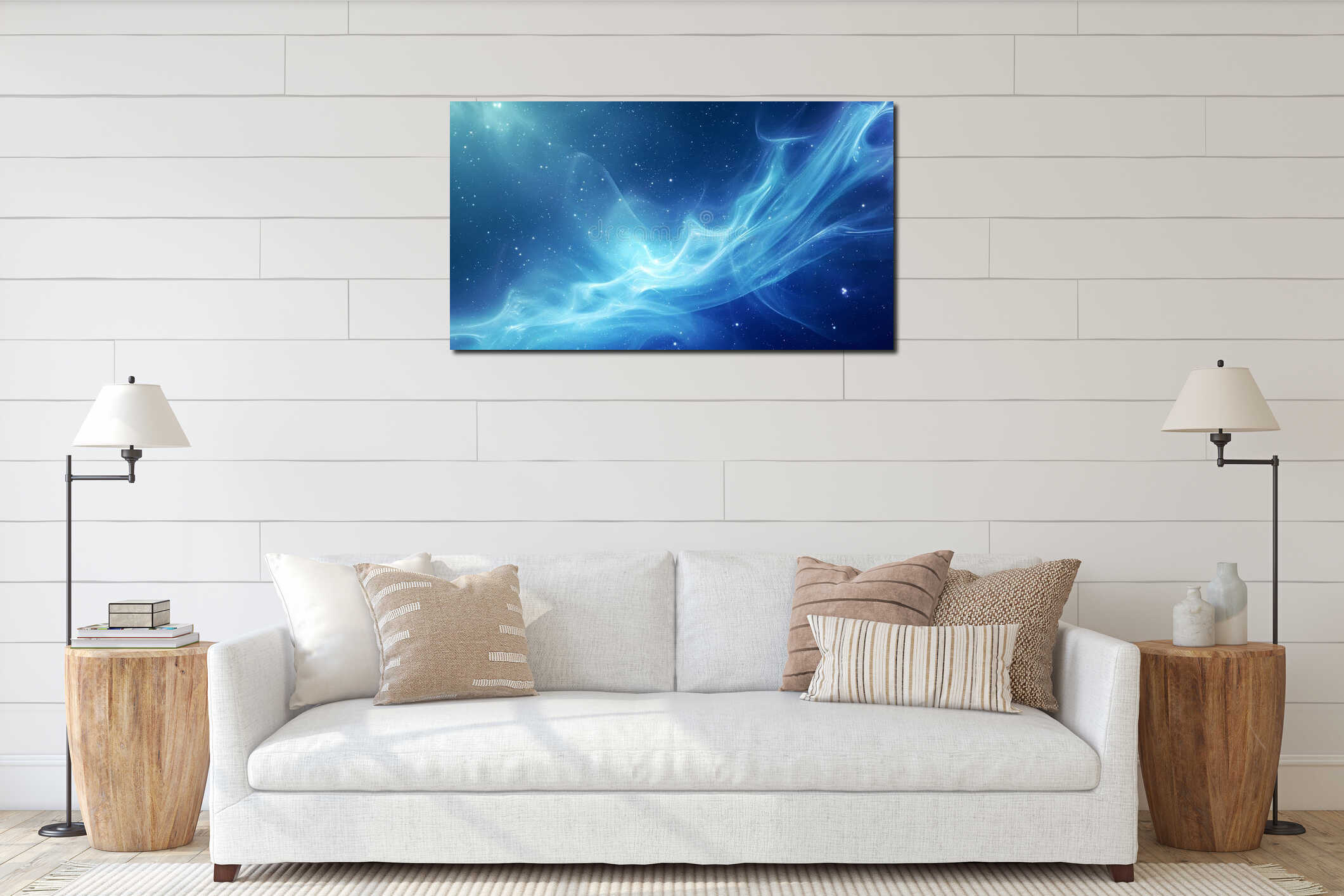 Bright blue glowing nebula in outer space with sparkling stars, abstract cosmic background interior mockup