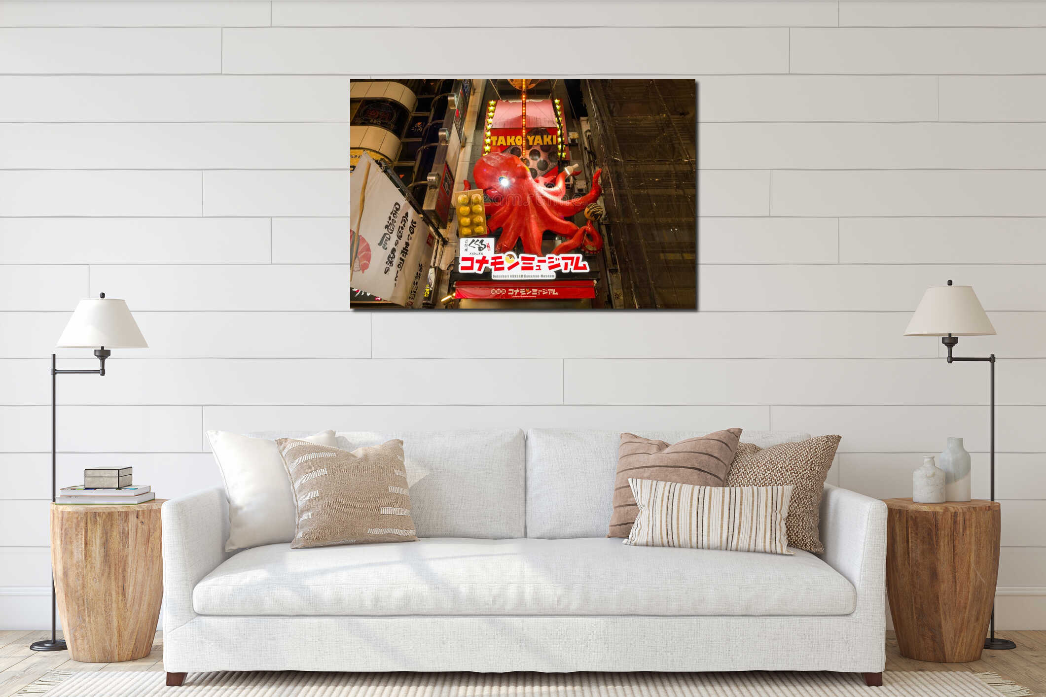 Giant octopus sculpture and illuminated takoyaki signage at Dotonbori Konamon Museum in Osaka, Japan. interior mockup