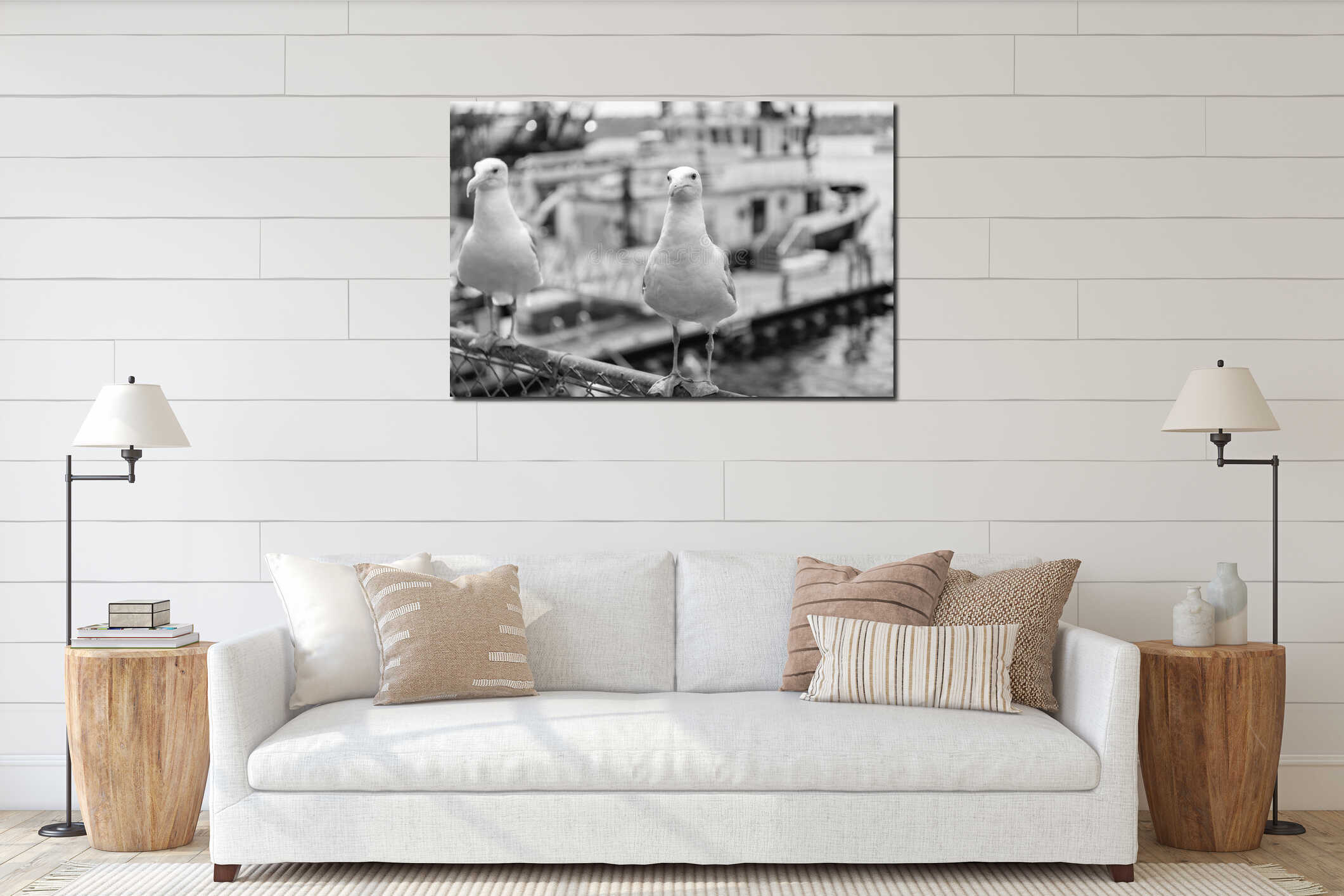 Seagull sitting outdoor. A lonely seagull at the sea. Seagull near water. Sea gull bird. Fauna and nature. Seagull bird observing interior mockup