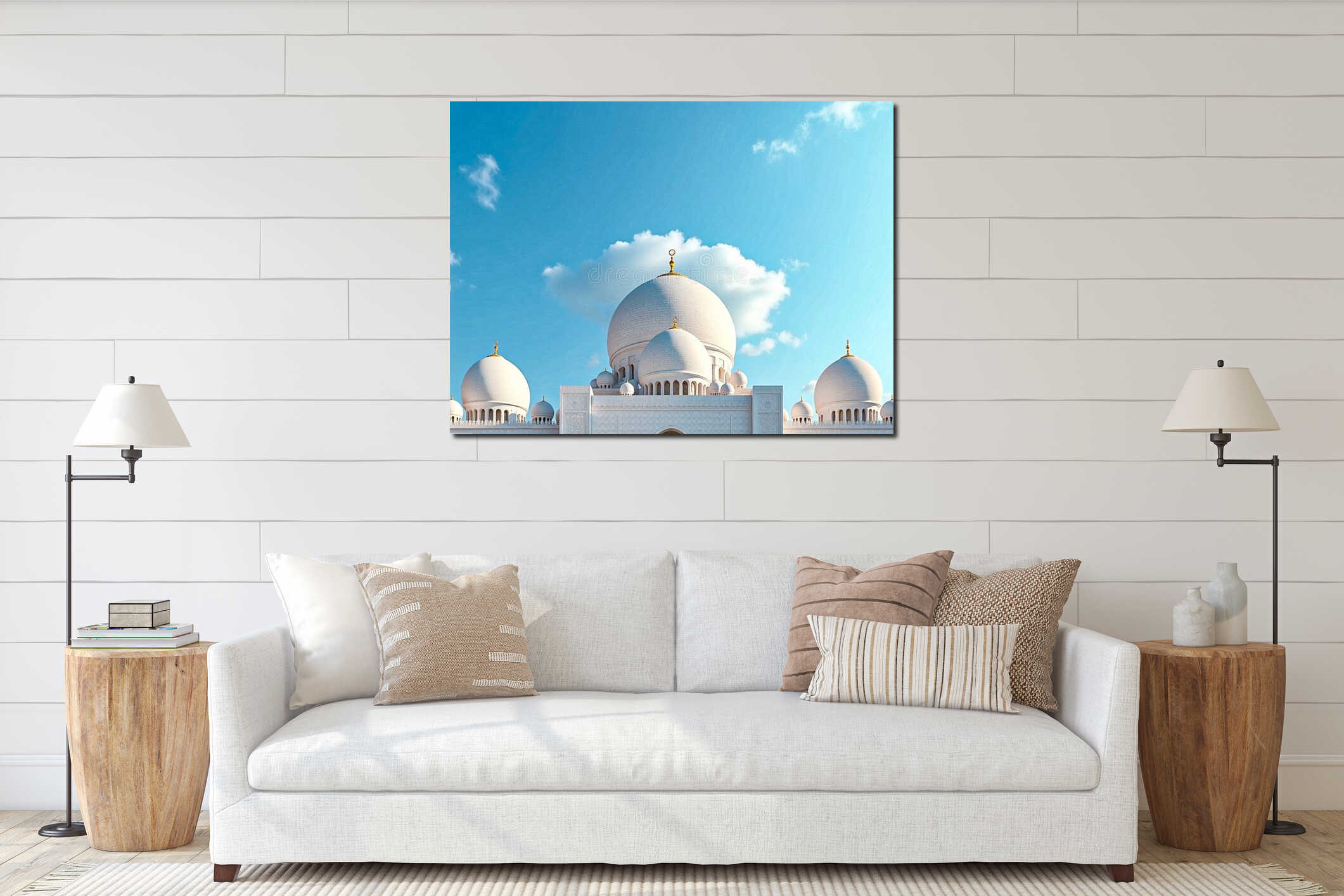White Mosque Dome with Golden Crescent Moon interior mockup