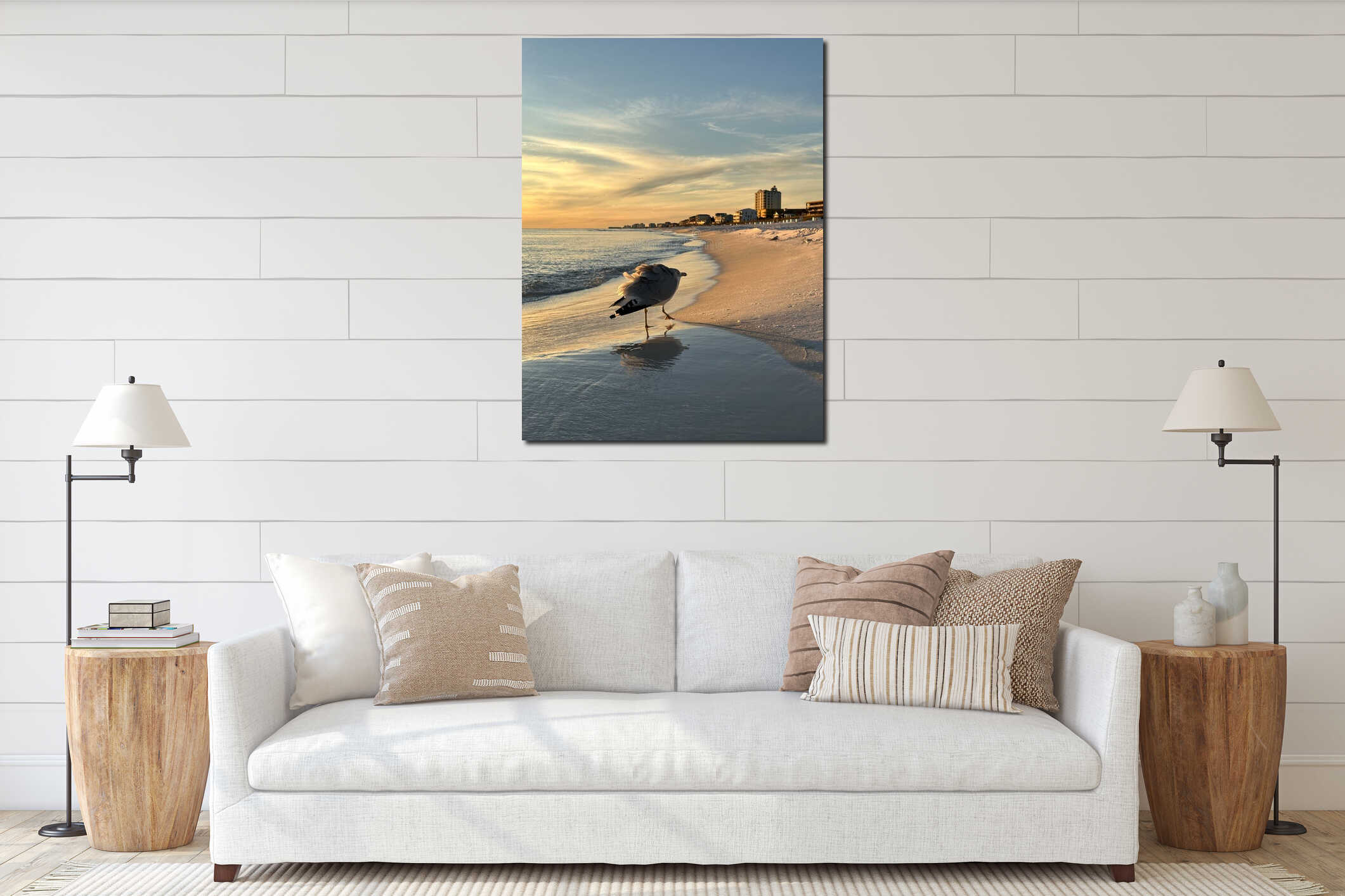 Seagull with beach sunset background and reflection interior mockup