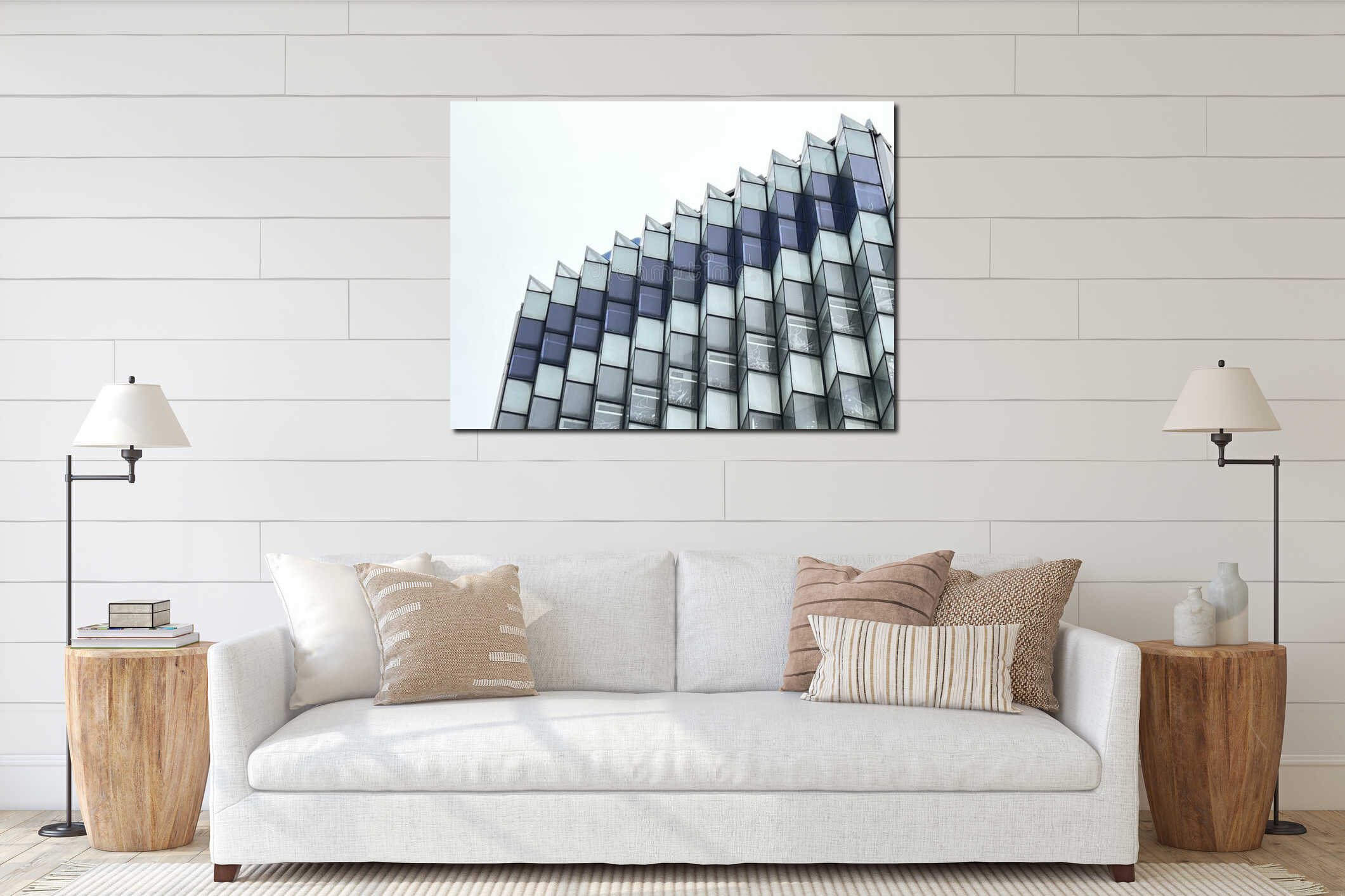 Modern glass building facade with geometric pattern and copy space interior mockup