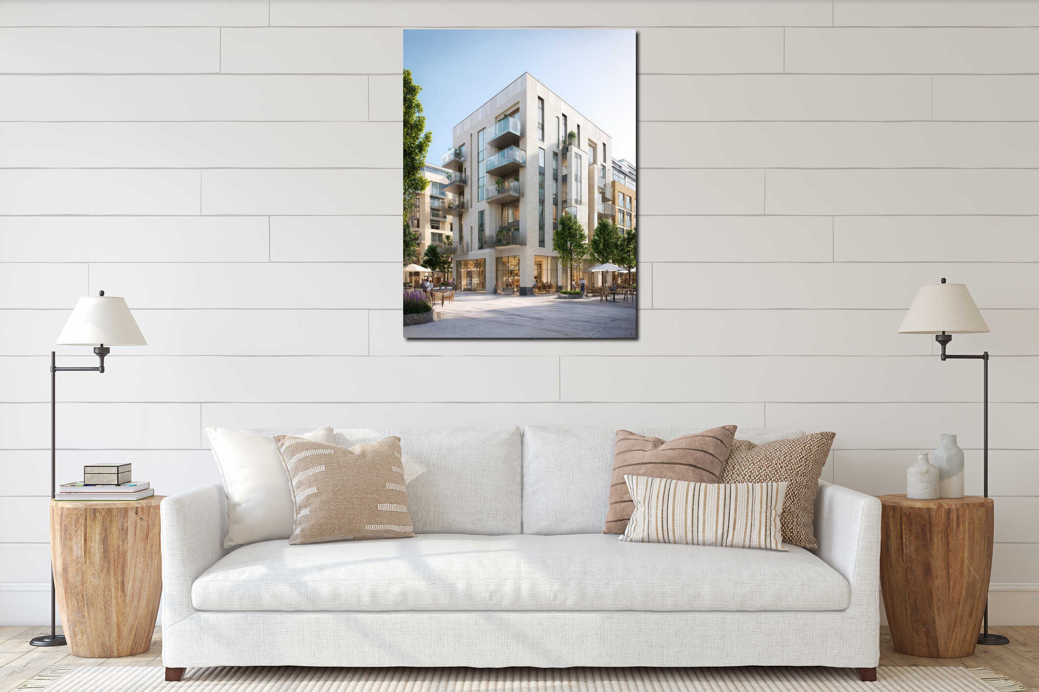 Modern Urban Residential Apartment Building with Contemporary Brick Facade, Glass Balconies, and Ground Floor Retail Shops Located interior mockup