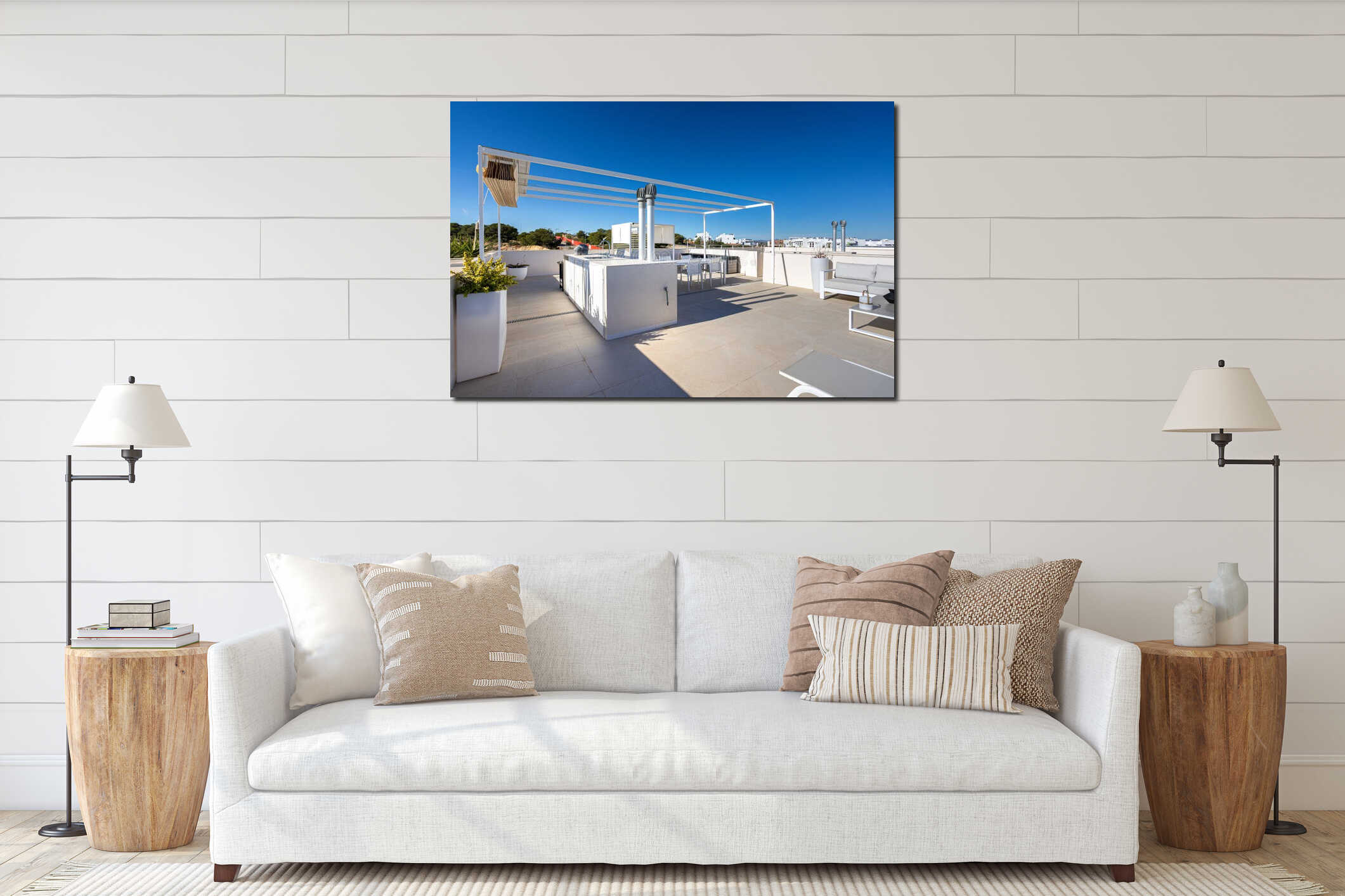 Sunny rooftop terrace with outdoor kitchen and dining furniture interior mockup