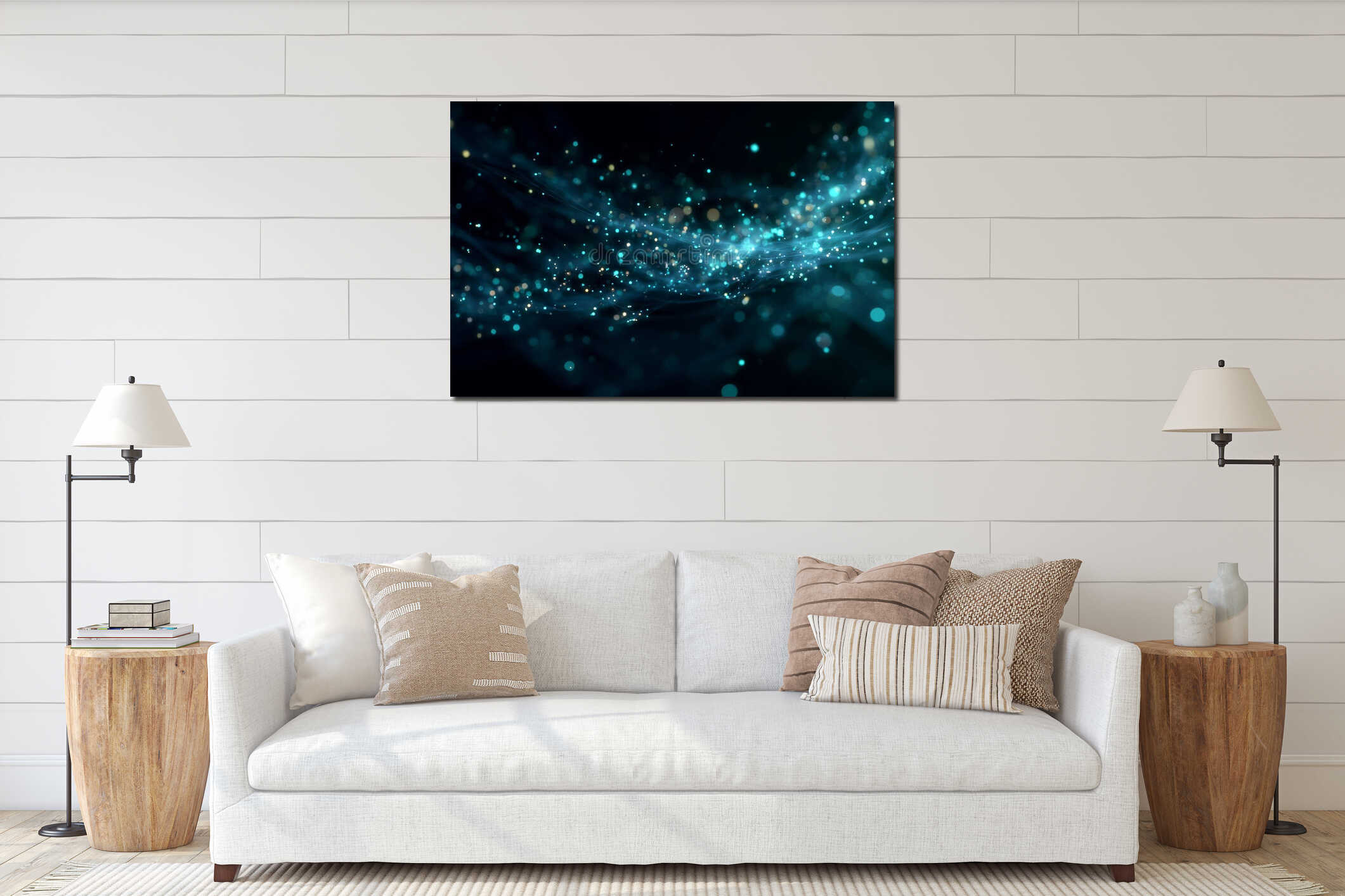 Dynamic abstract blue particle swirl interior mockup