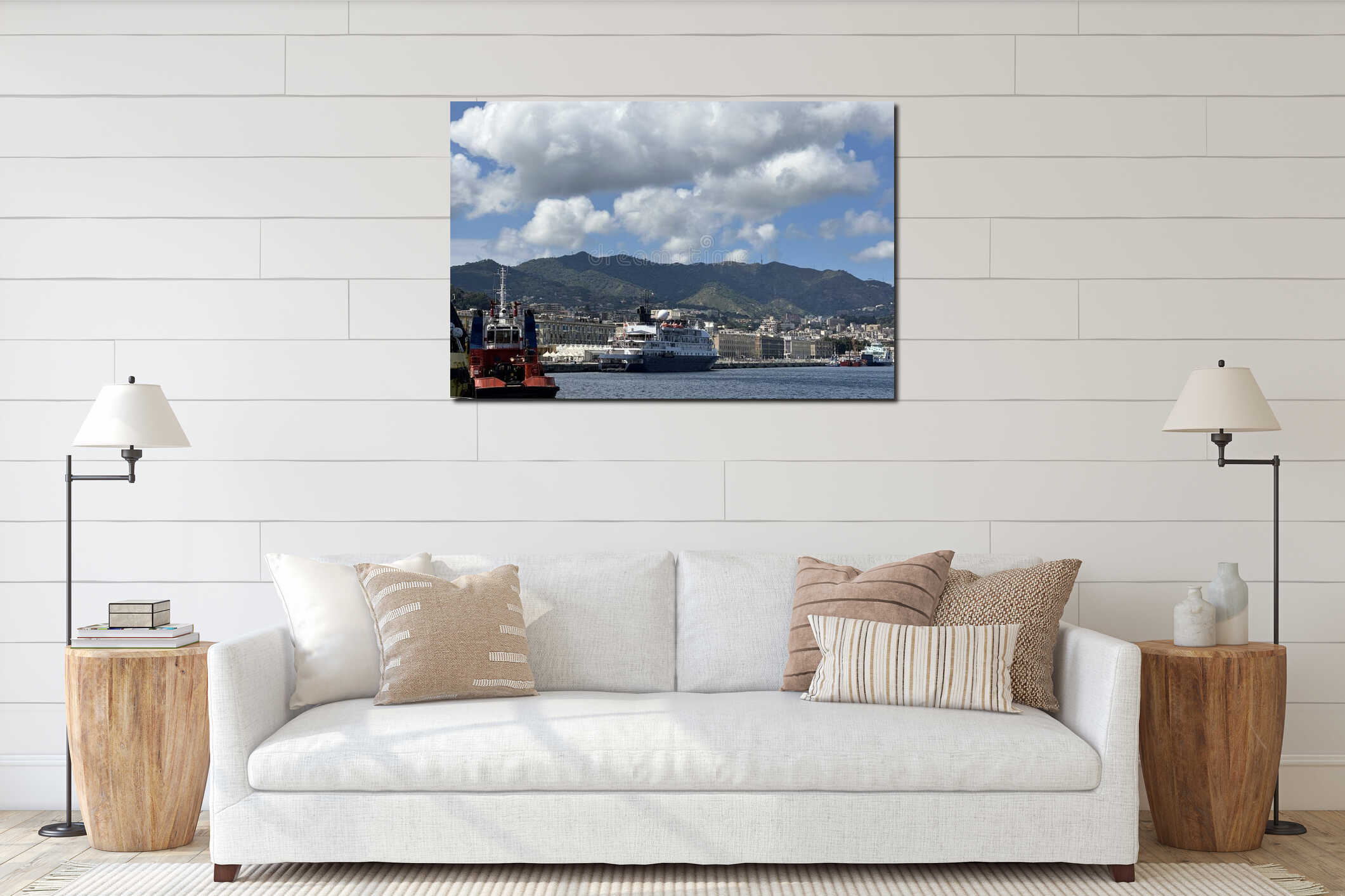 Coastal harbor with ships and mountains under a cloudy sky, Messina, Sicily, Italy, May 2025 interior mockup