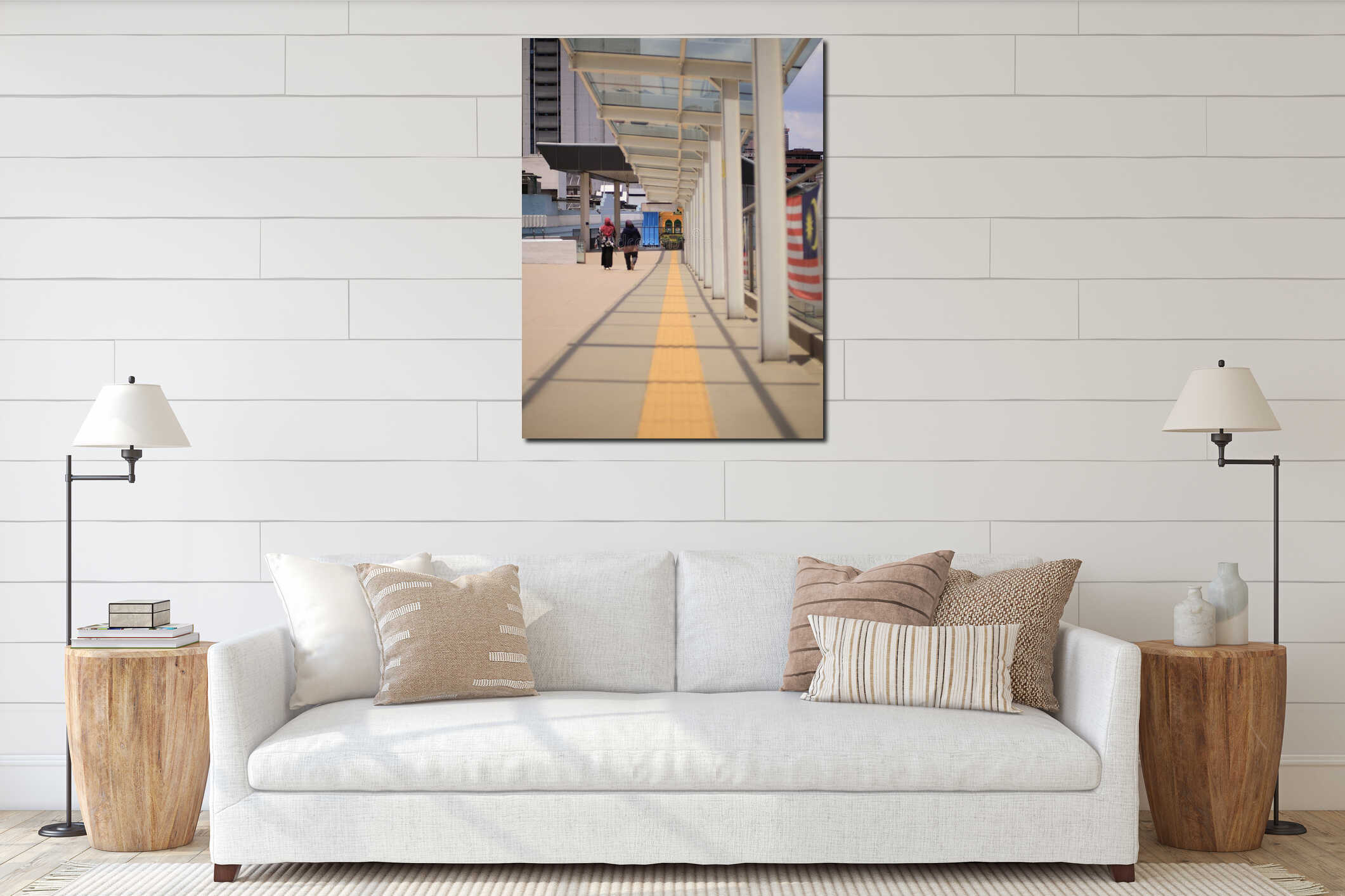 Kuala Lumpur, Malaysia - August 26, 2025 : Low Angle, Vertical: Two People Walk Along a Covered Pedestrian Walkway, Malaysia interior mockup