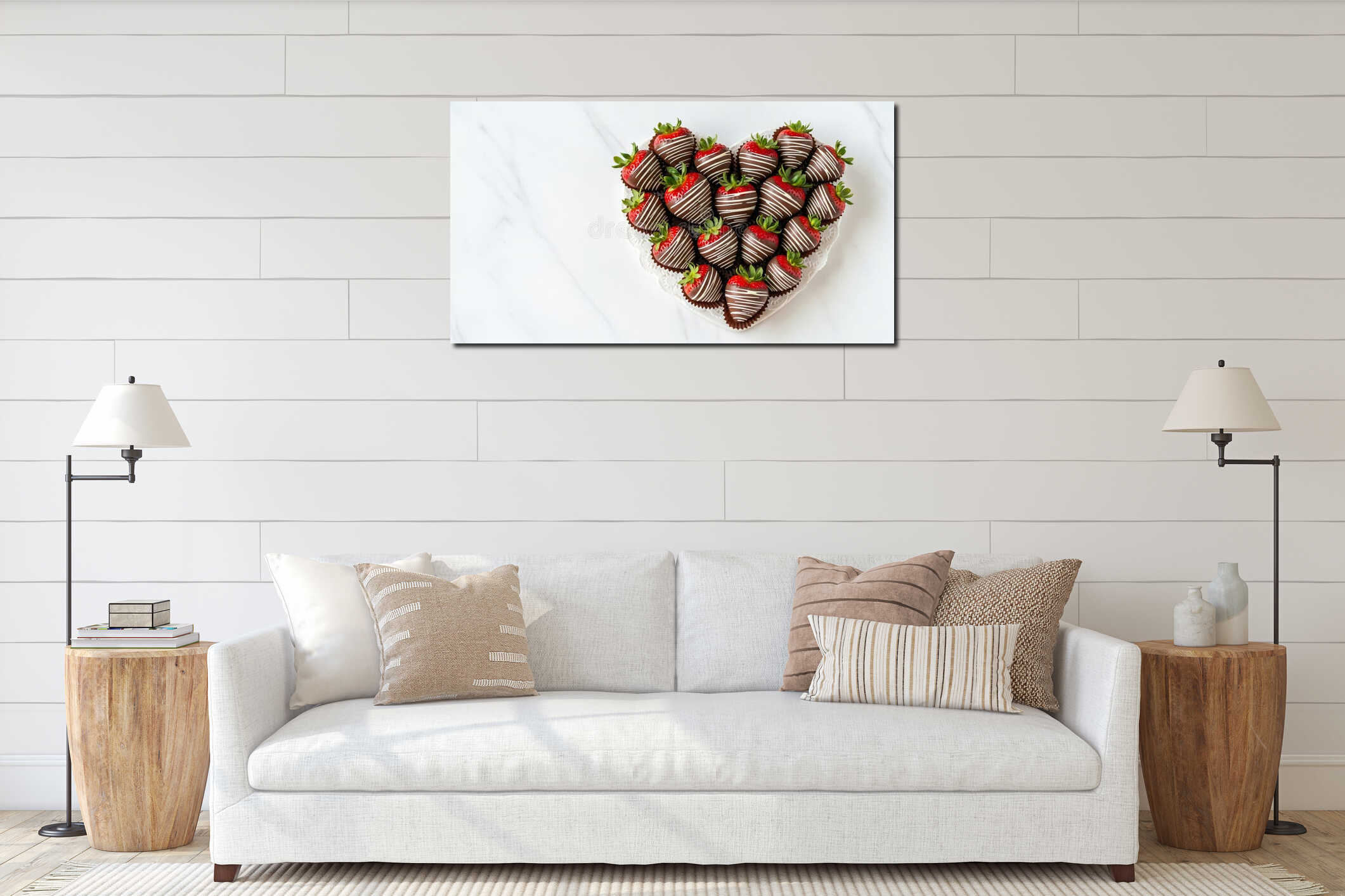 Heart shape plate with chocolate covered strawberries. Delicious sweet dessert for Valentine Day celebration, romantic gift, copy interior mockup