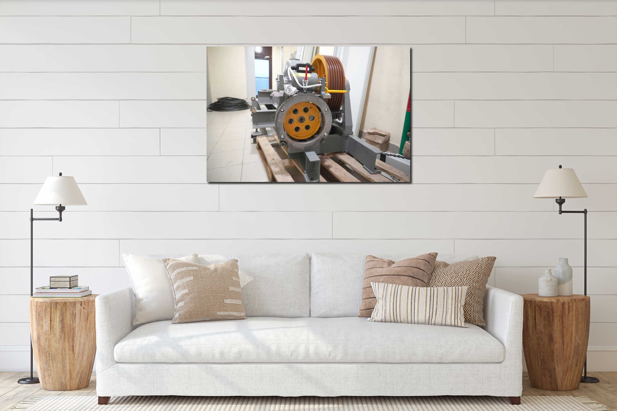 Elevator traction machine installed on pallet in machine room. interior mockup