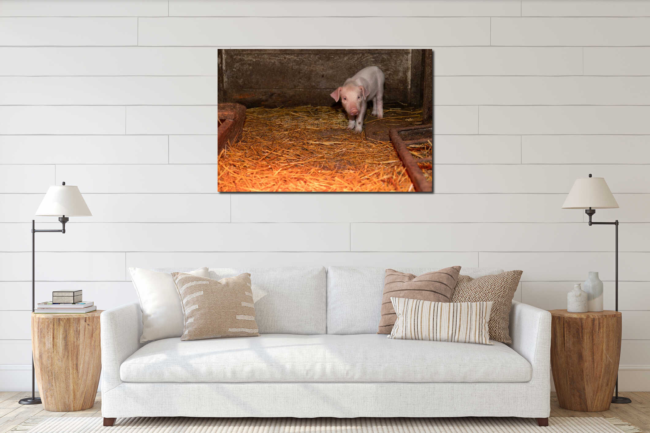 Baby Pig Exploring a Cozy Barn Filled With Straw in the Early Morning Light interior mockup