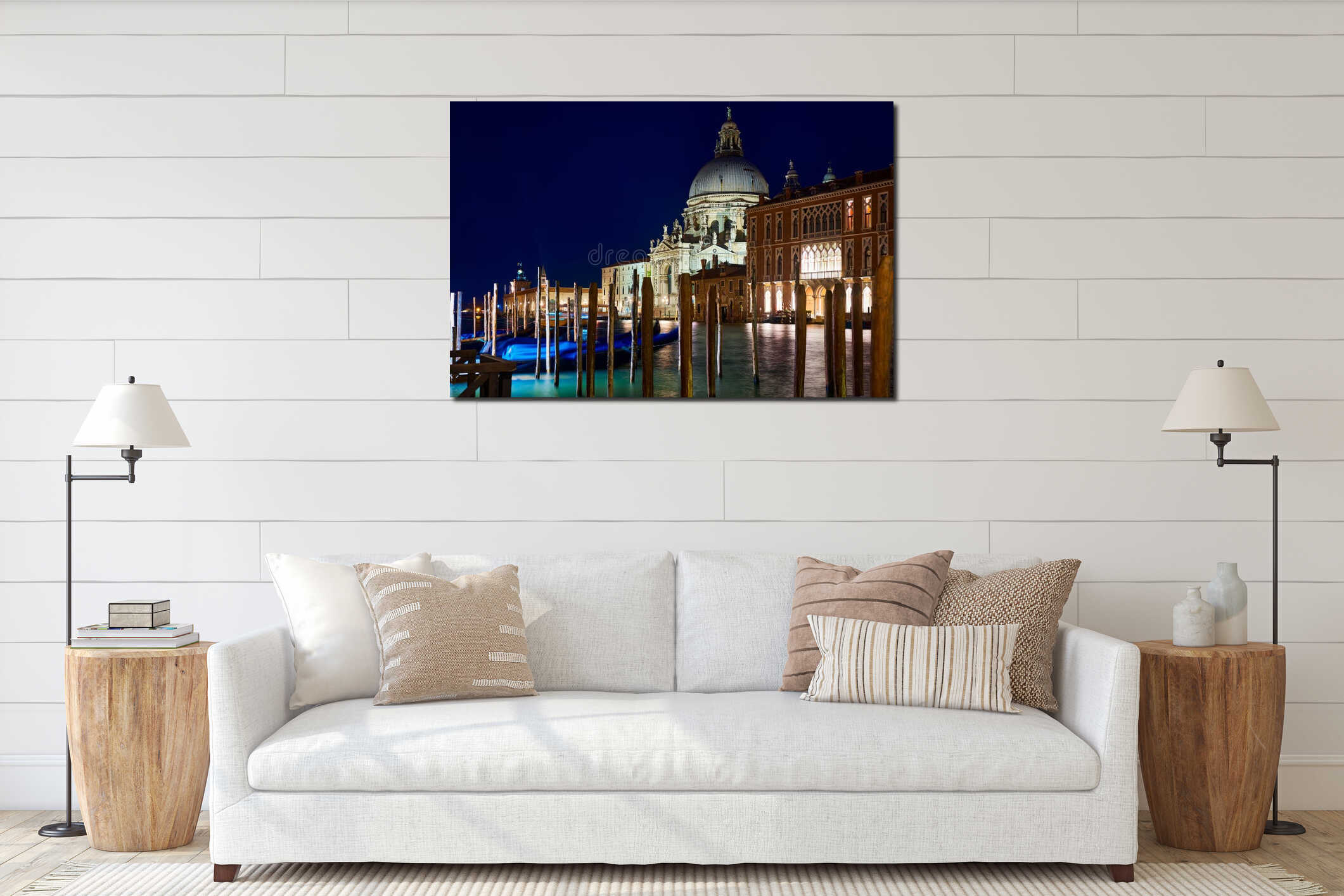 Venice, Italy. Nighttime view of cathedral of Santa Maria della Salute in venice old town, Italy. Antique medieval building with interior mockup