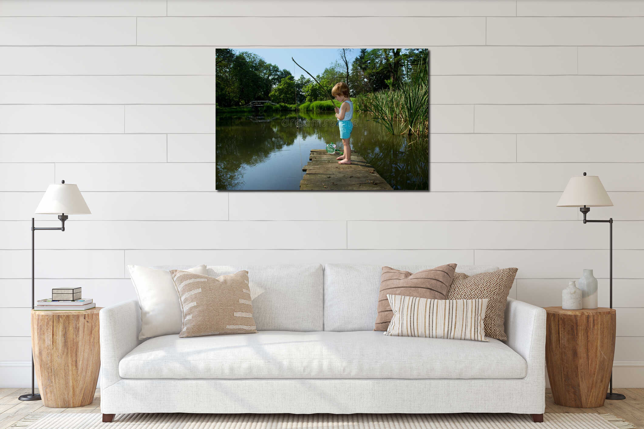 Adorable Little Boy Fishing from Wooden Dock on a Lake on Sunny Day interior mockup