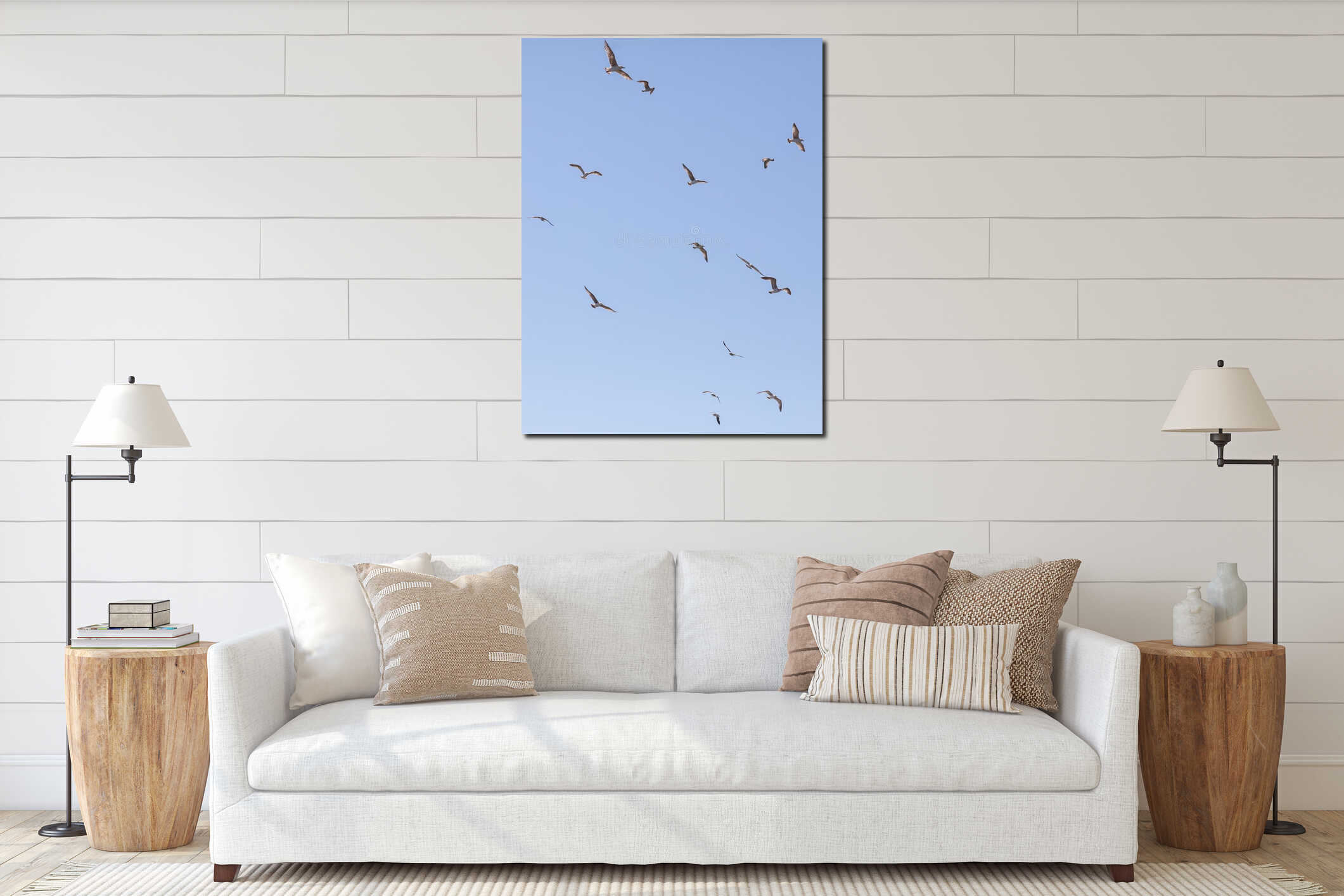 A flock of seagulls flying in the sky interior mockup