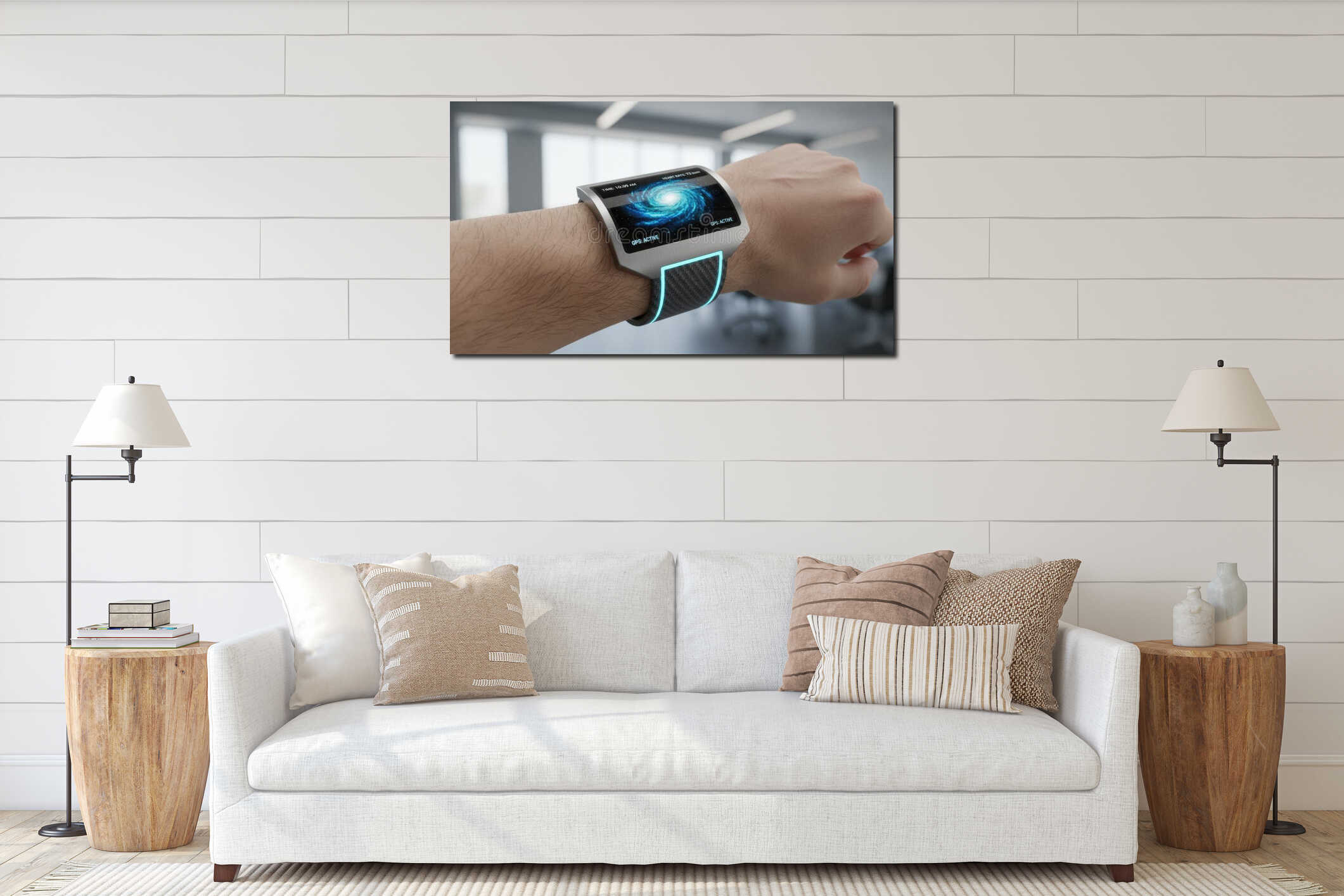 Modern stainless steel smartwatch with curved screen displaying spiral galaxy image worn on wrist in bright office space interior mockup