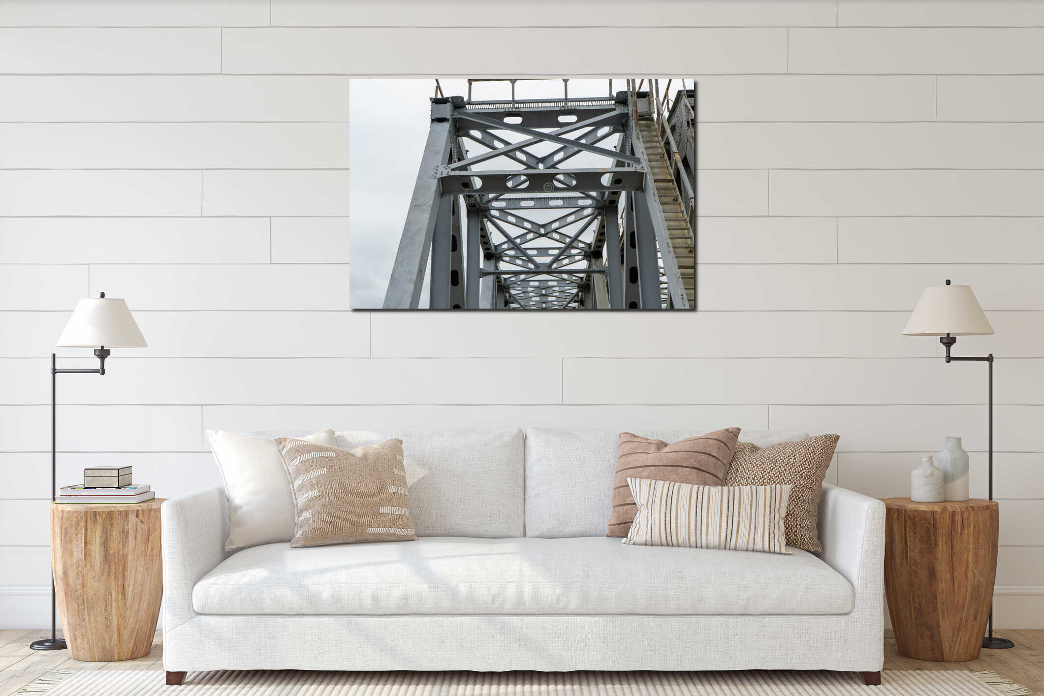 complex white industrial steel truss bridge framework featuring intersecting diagonal girders crossbeams interior mockup