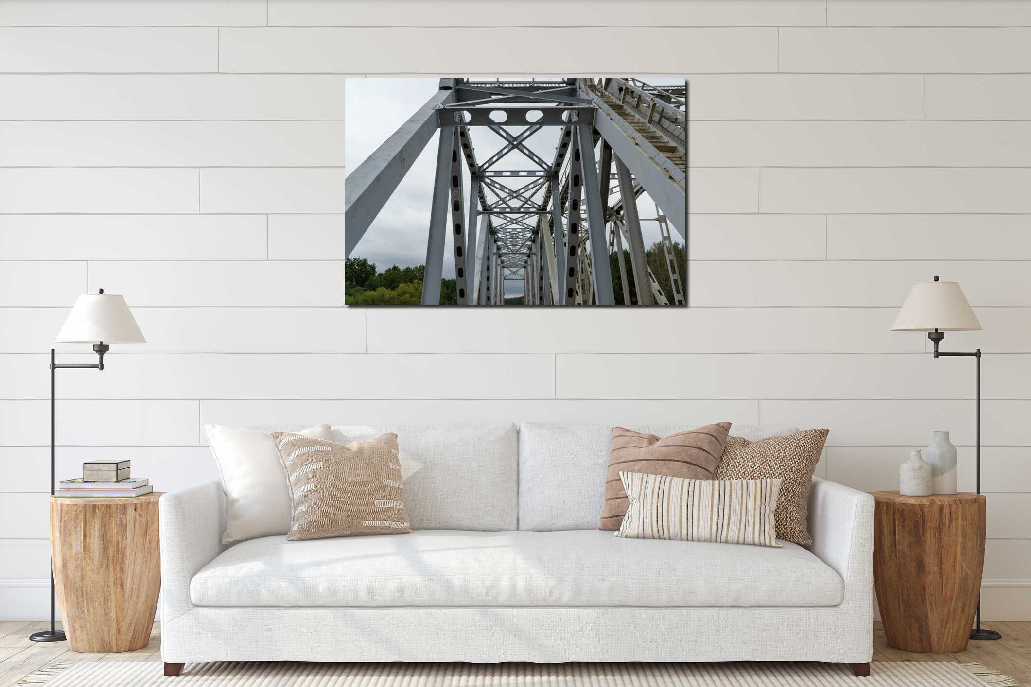 Symmetrical low angle view looking upward into a complex white industrial steel truss bridge framework interior mockup