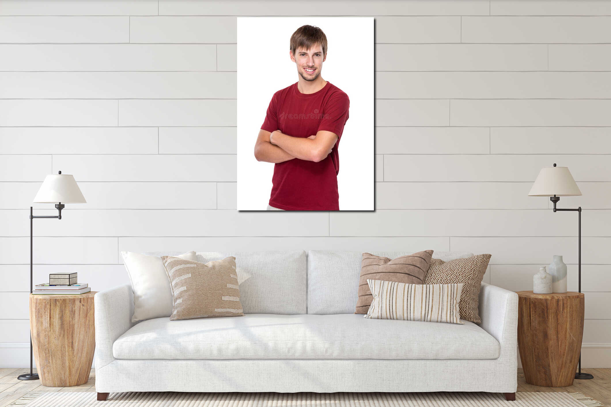 Caucasian young man smile interior mockup