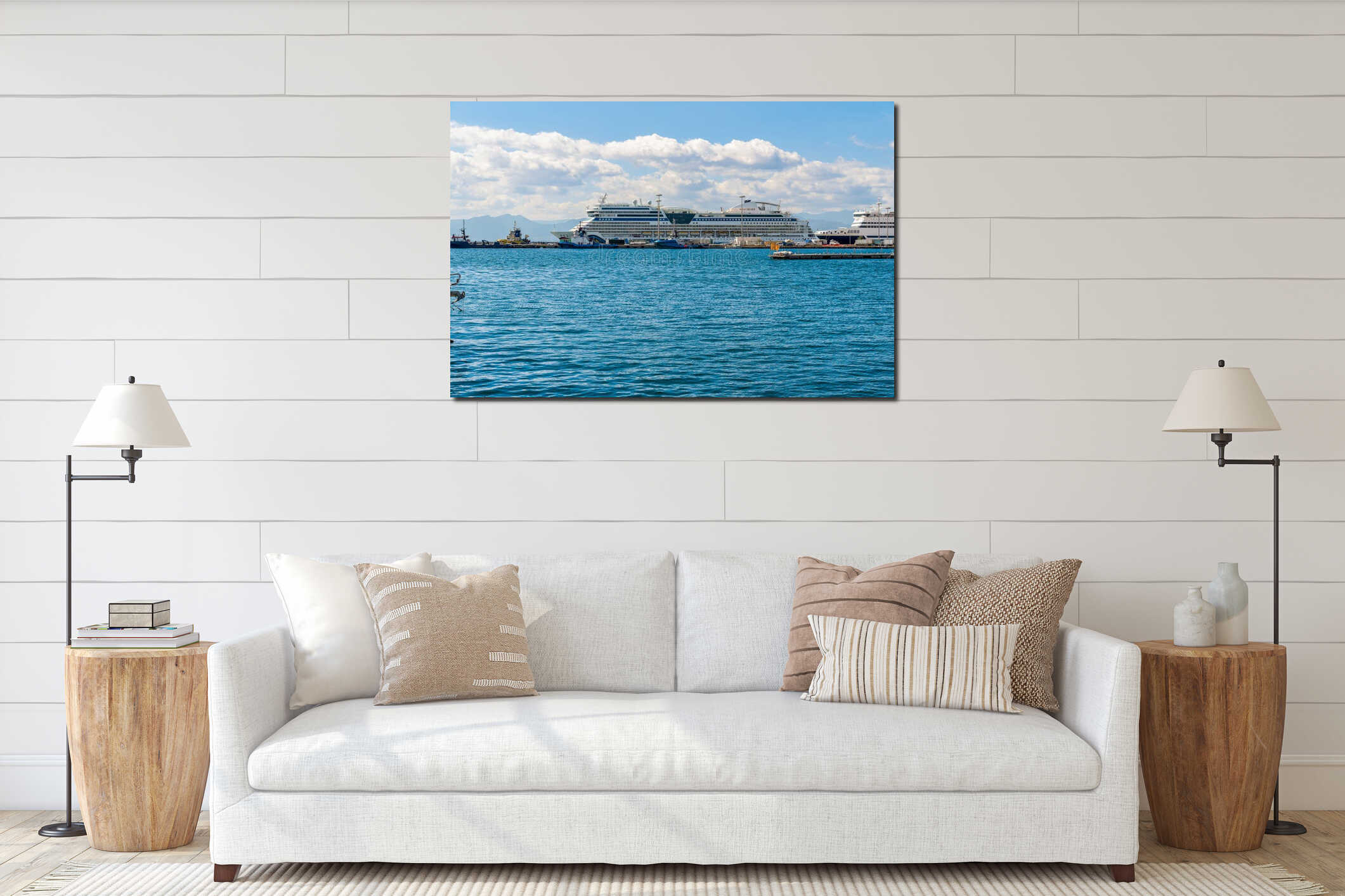 Large cruise ship docked in the port of Cagliari, Sardinia, Italy. interior mockup