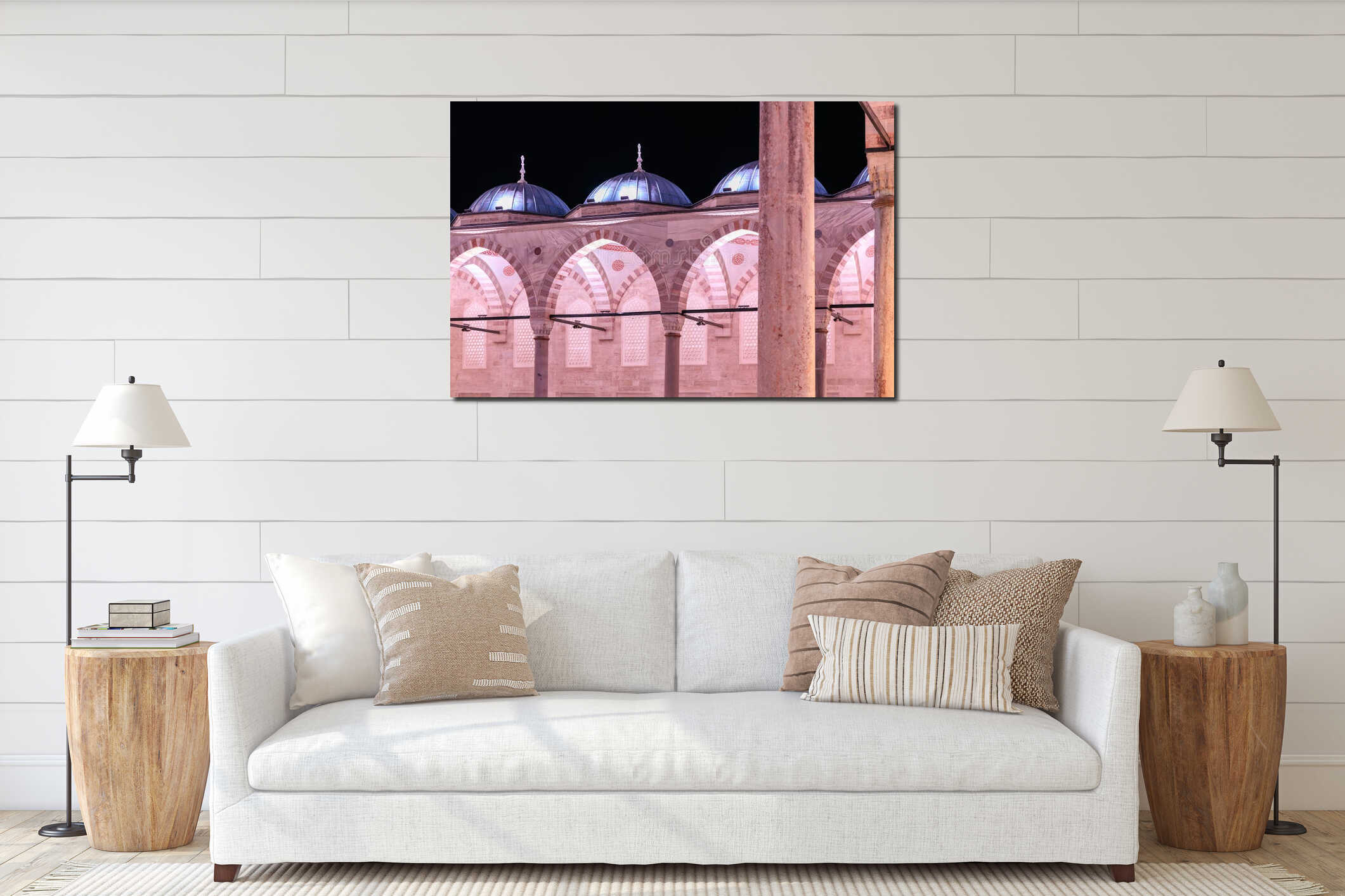 Illuminated arches and domes of Ottoman architecture at night interior mockup