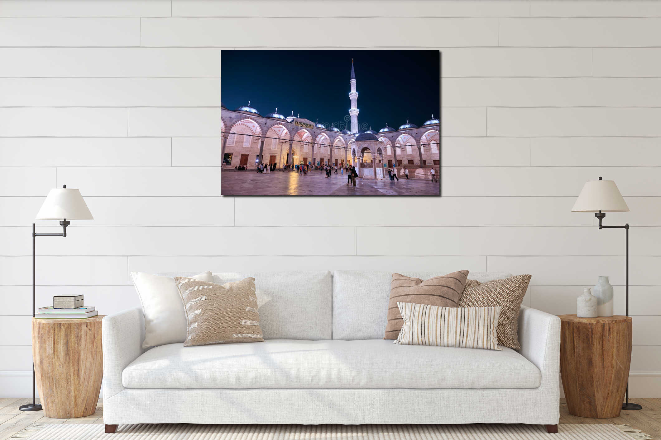 Night view of stunning Ottoman mosque with illuminated minaret and courtyard. August 11, 2025, Istanbul Turkey interior mockup