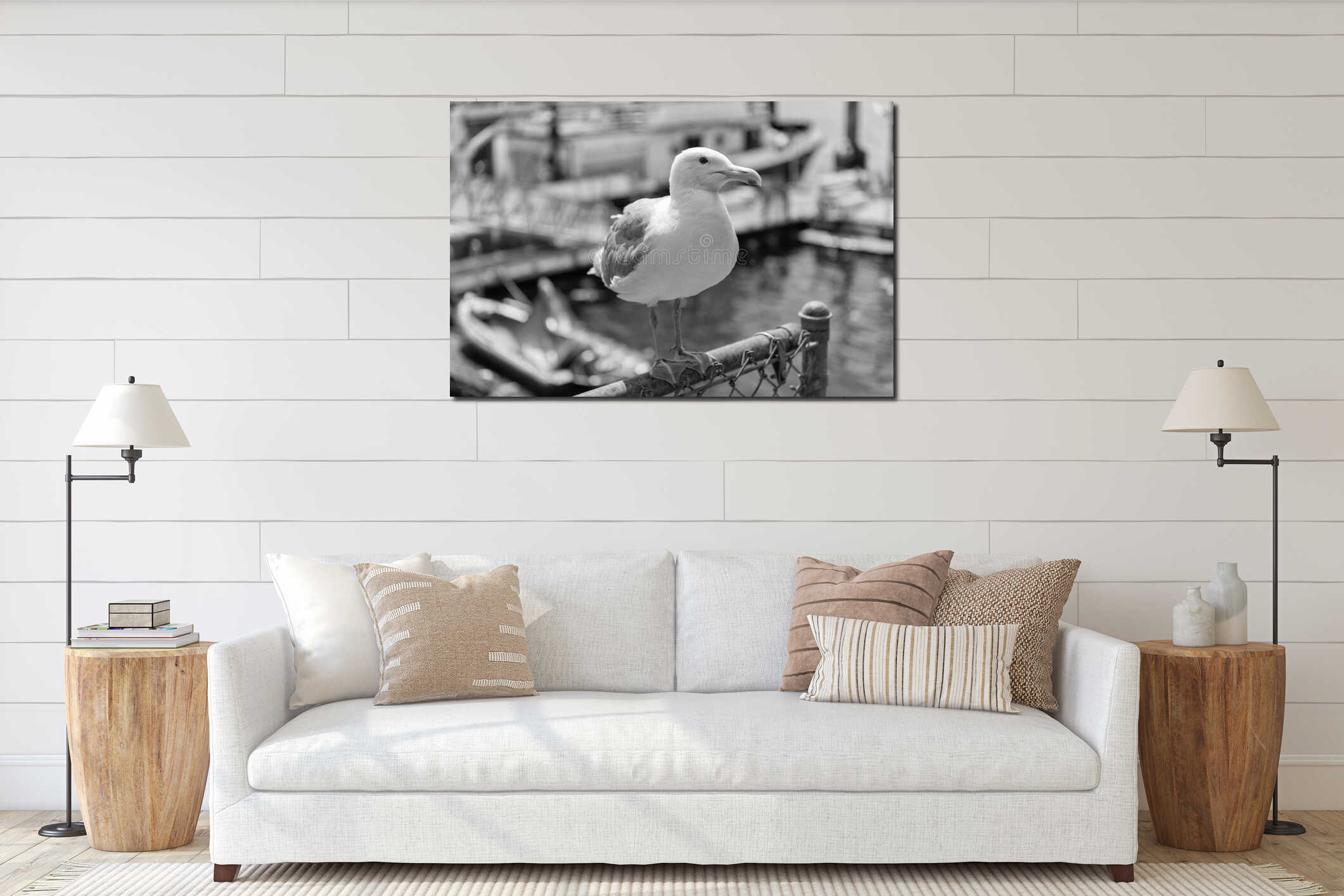 Seagull sitting outdoor. A lonely seagull at the sea. Seagull near water. Sea gull bird. Fauna and nature. Seagull bird observing interior mockup