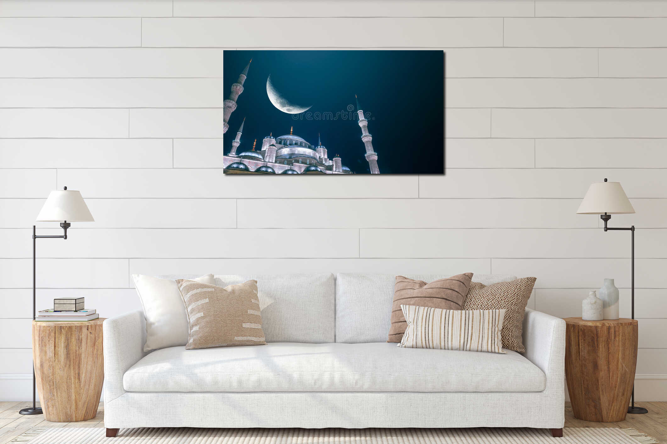 Sultanahmet aka Blue Mosque and crescent moon. Ramadan or islamic concept interior mockup