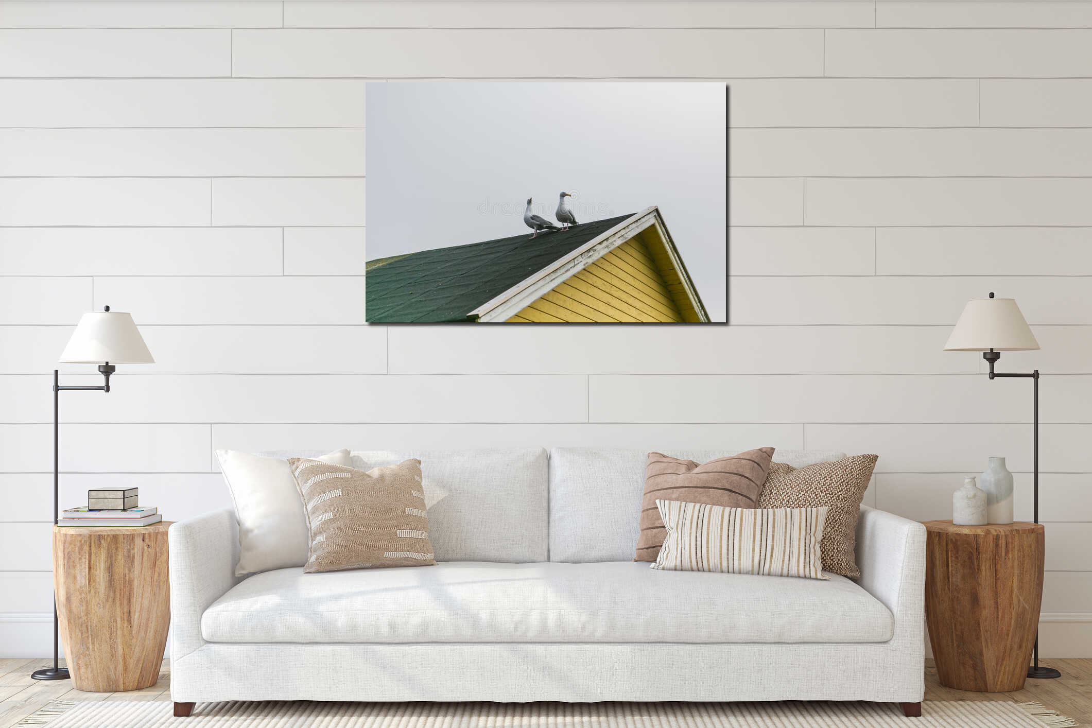 Seagull prepearing to land on his nest interior mockup