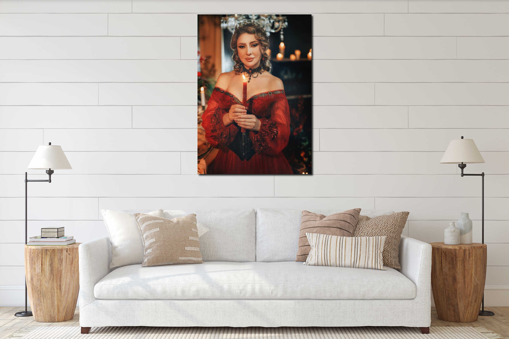 art photo real person beauty holiday make-up face mystery noble woman holds burning candle light flame. dark ball room interior mockup